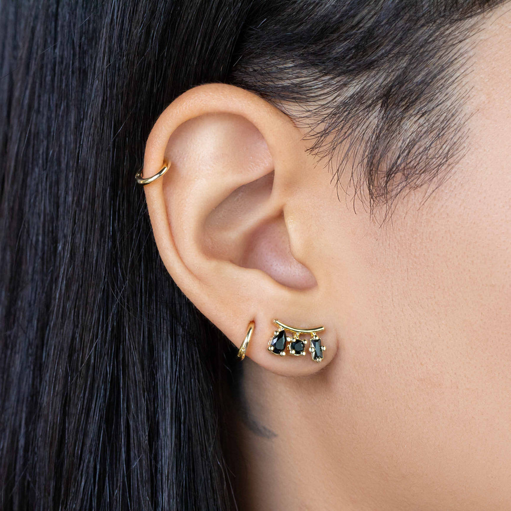 Chic 18k Gold-Filled 3-Shape Stud Earrings with Black Cubic Zirconia