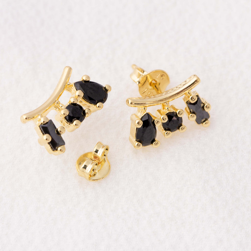 Chic 18k Gold-Filled 3-Shape Stud Earrings with Black Cubic Zirconia