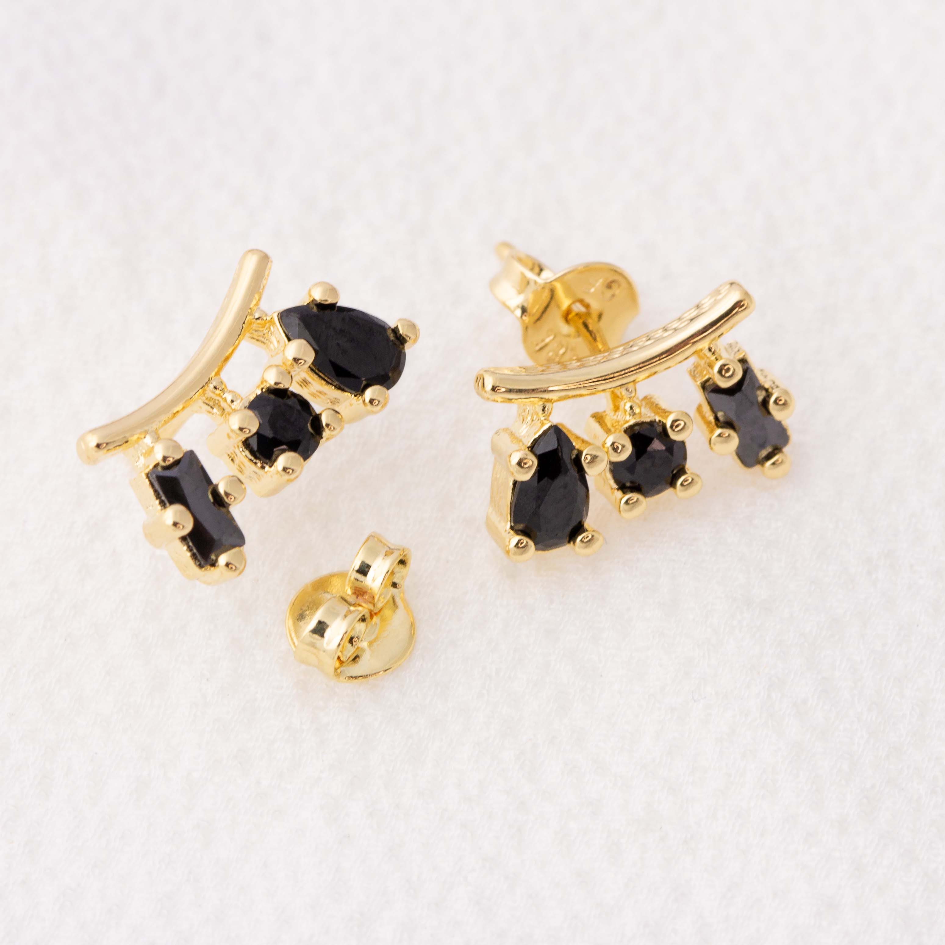 Chic 18k Gold-Filled 3-Shape Stud Earrings with Black Cubic Zirconia