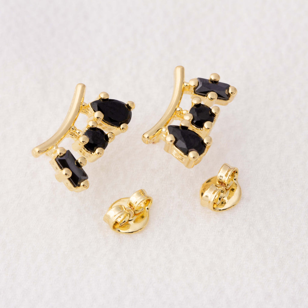 Chic 18k Gold-Filled 3-Shape Stud Earrings with Black Cubic Zirconia