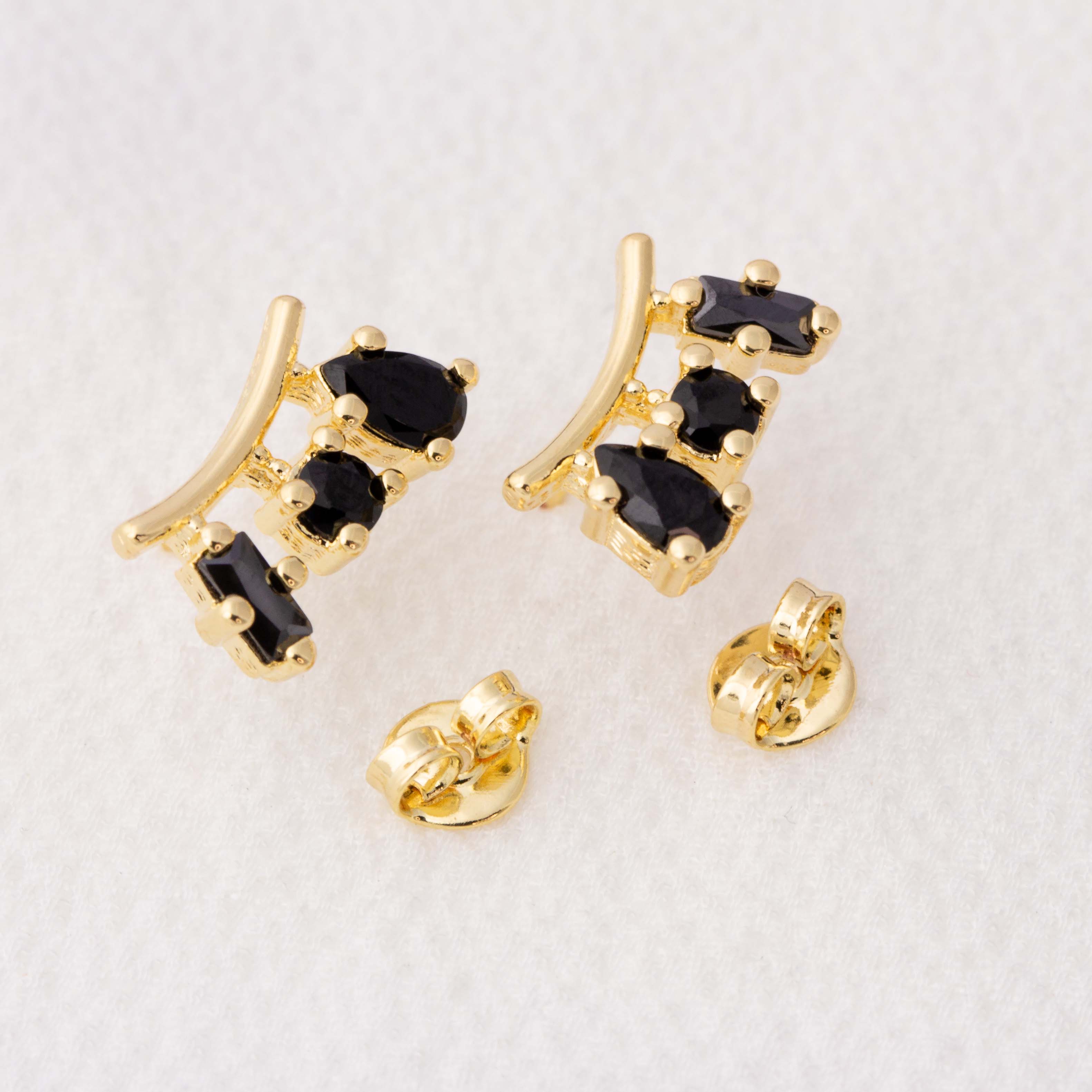 Chic 18k Gold-Filled 3-Shape Stud Earrings with Black Cubic Zirconia