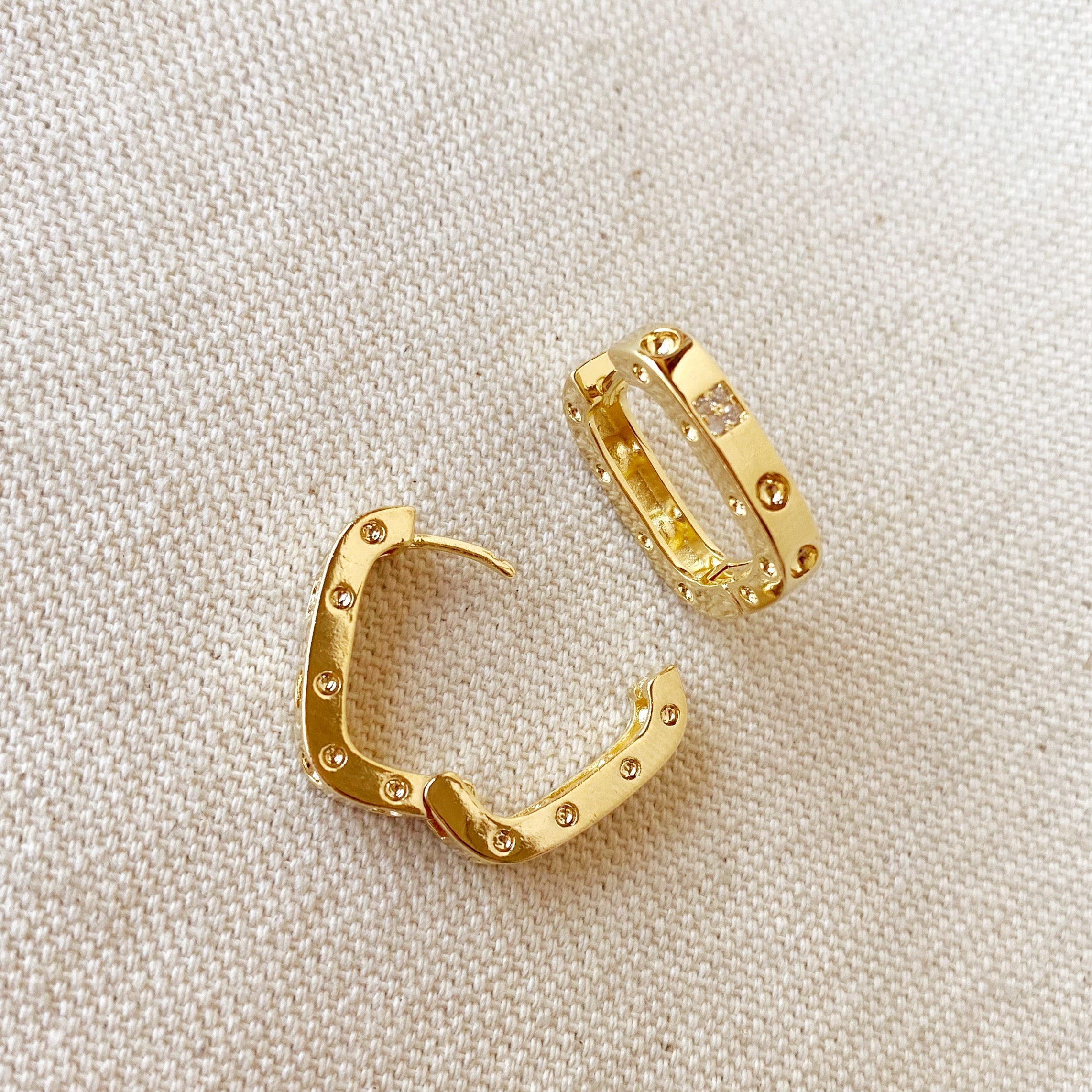 Gold Filled 18k Medium Rectangular Clicker Hoop Earrings With Cubic Zirconia Detail
