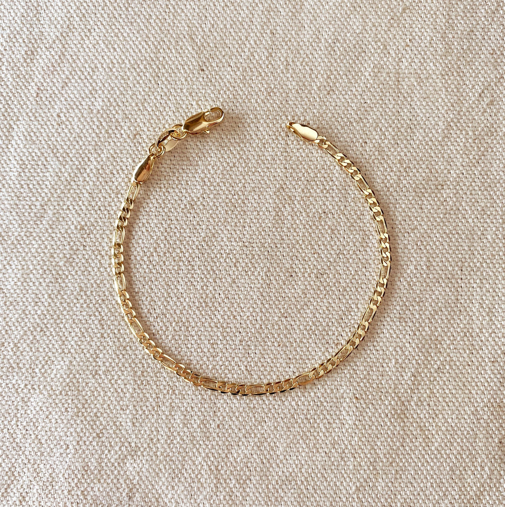 18k Gold Filled Figaro Bracelet 2.5mm – Classic Flat Chain for Layering