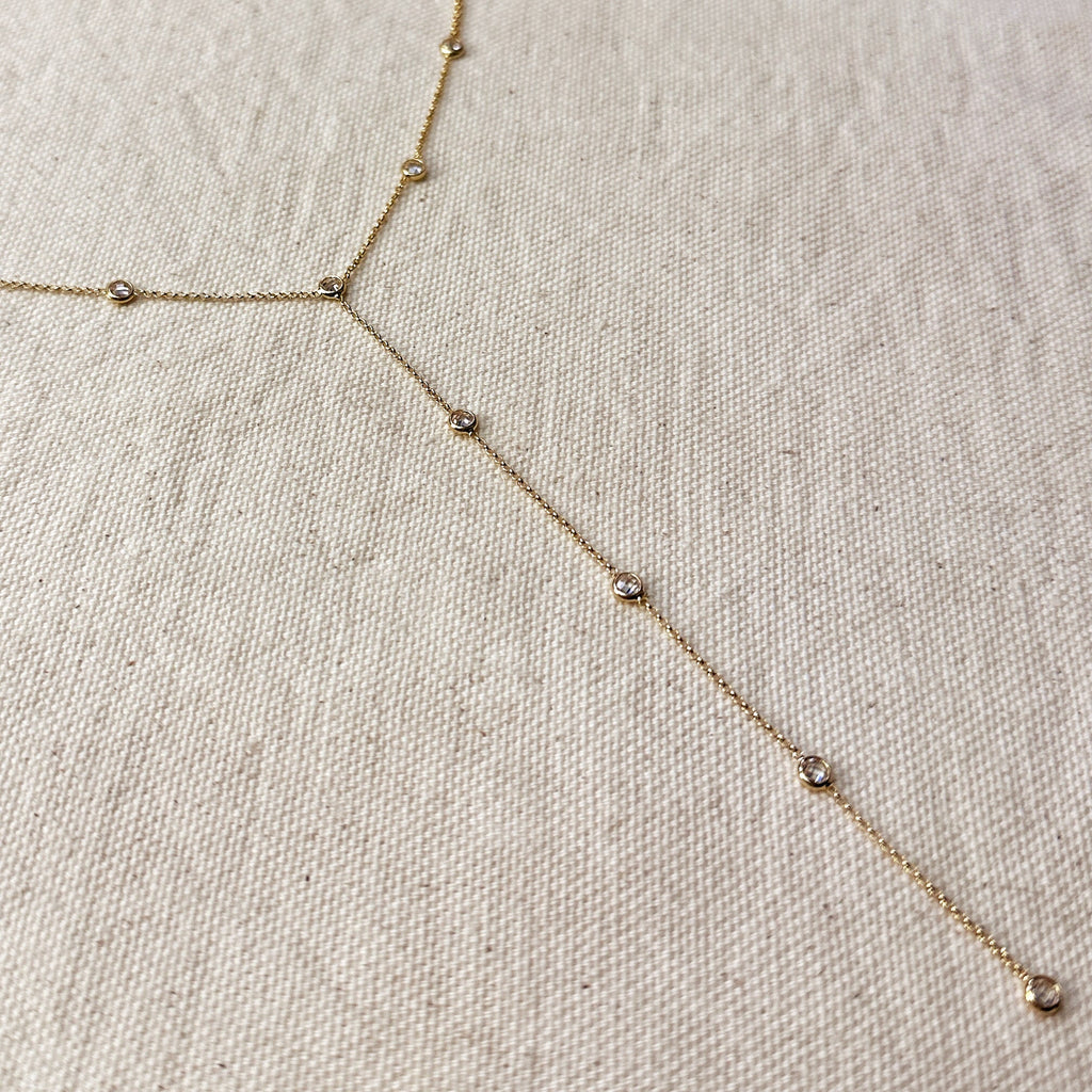 Gold Filled 18k Lariat Necklace With Bezel CZ