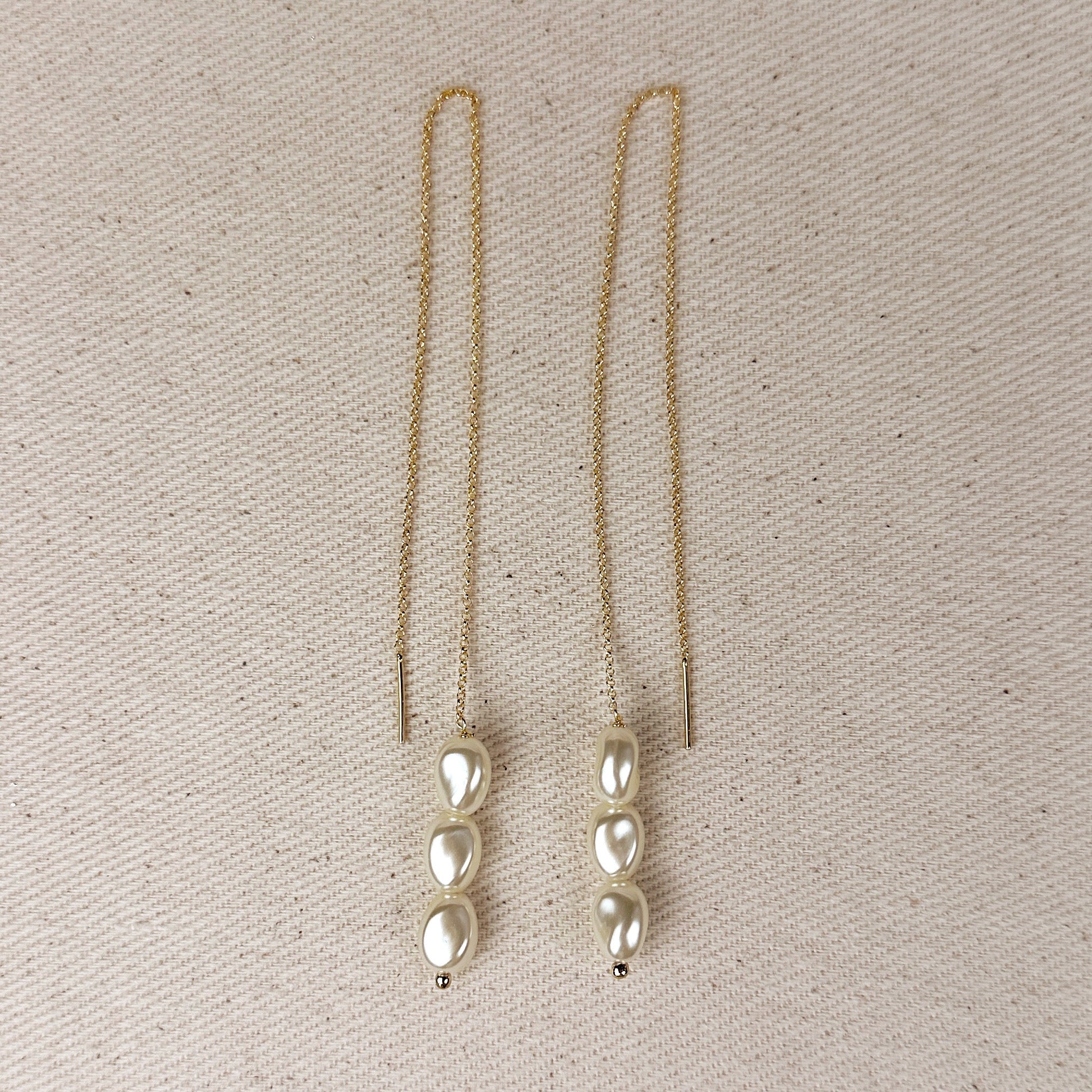 Gold Filled 18k Row of Baroque Pearls Threader Earrings