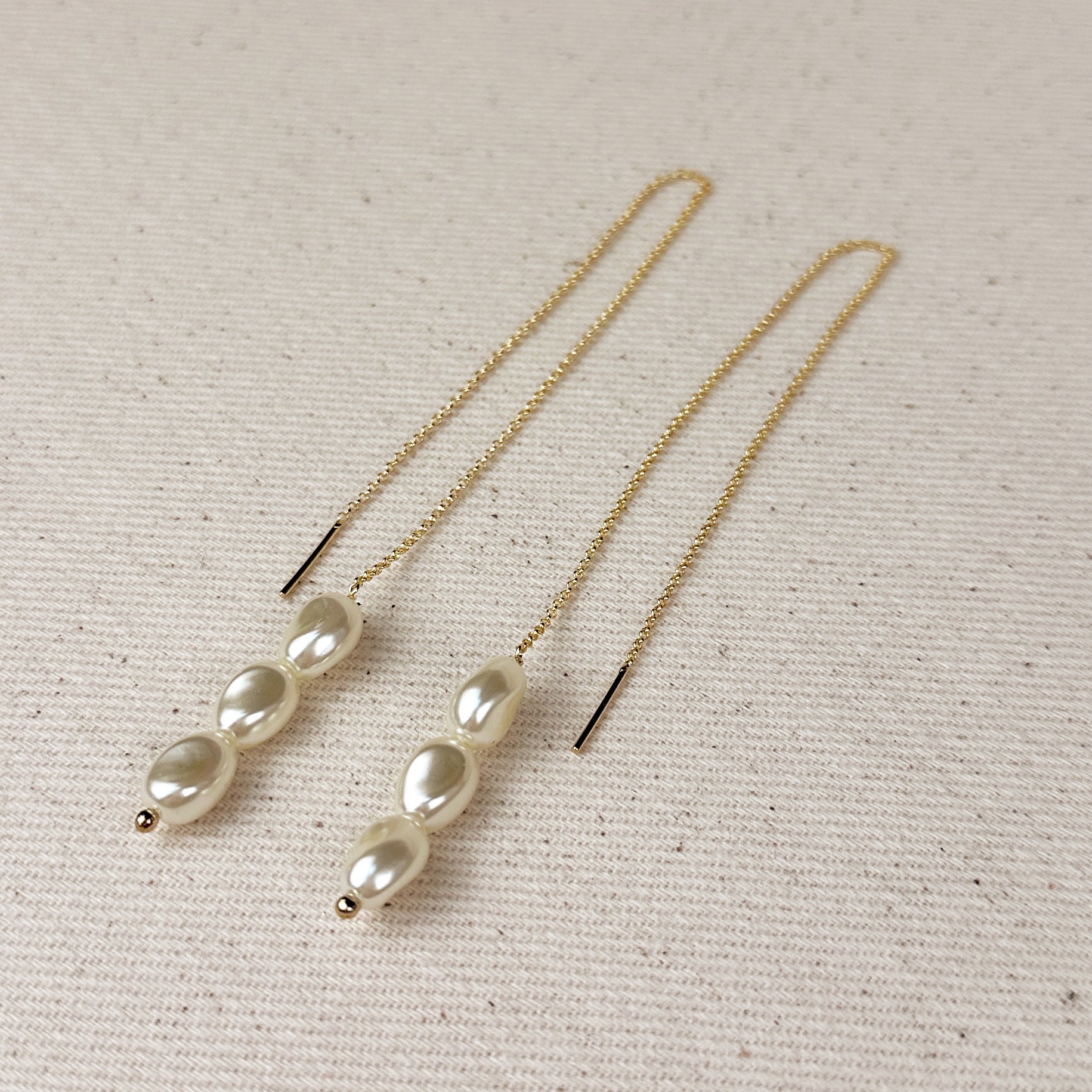Gold Filled 18k Row of Baroque Pearls Threader Earrings