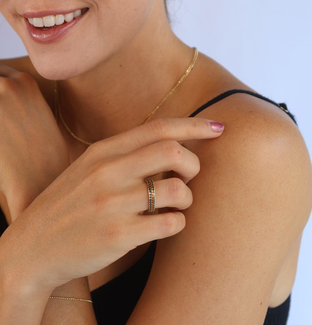 Gold Filled 18k Diamond Color Eternity Micro Cubic Zirconia Stone Ring - Emerald and Black Colors Available