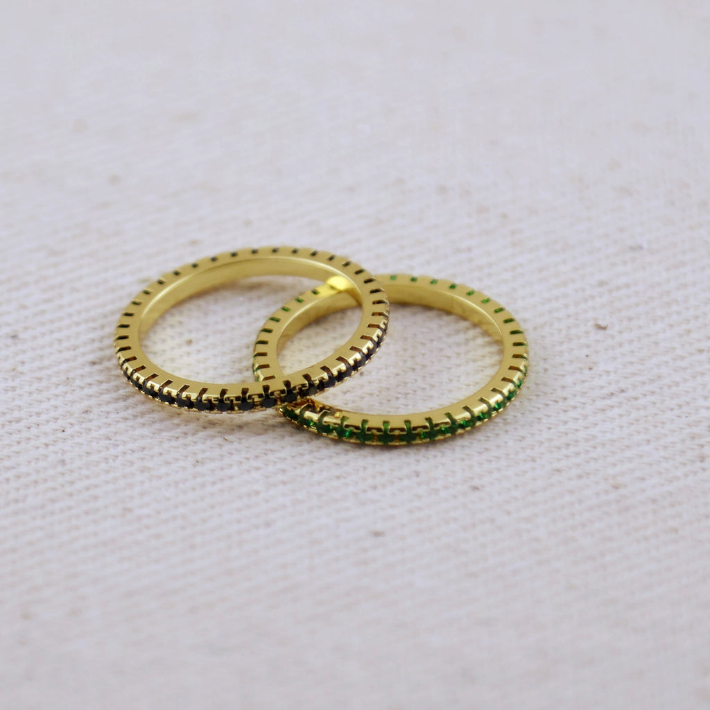 Gold Filled 18k Diamond Color Eternity Micro Cubic Zirconia Stone Ring - Emerald and Black Colors Available