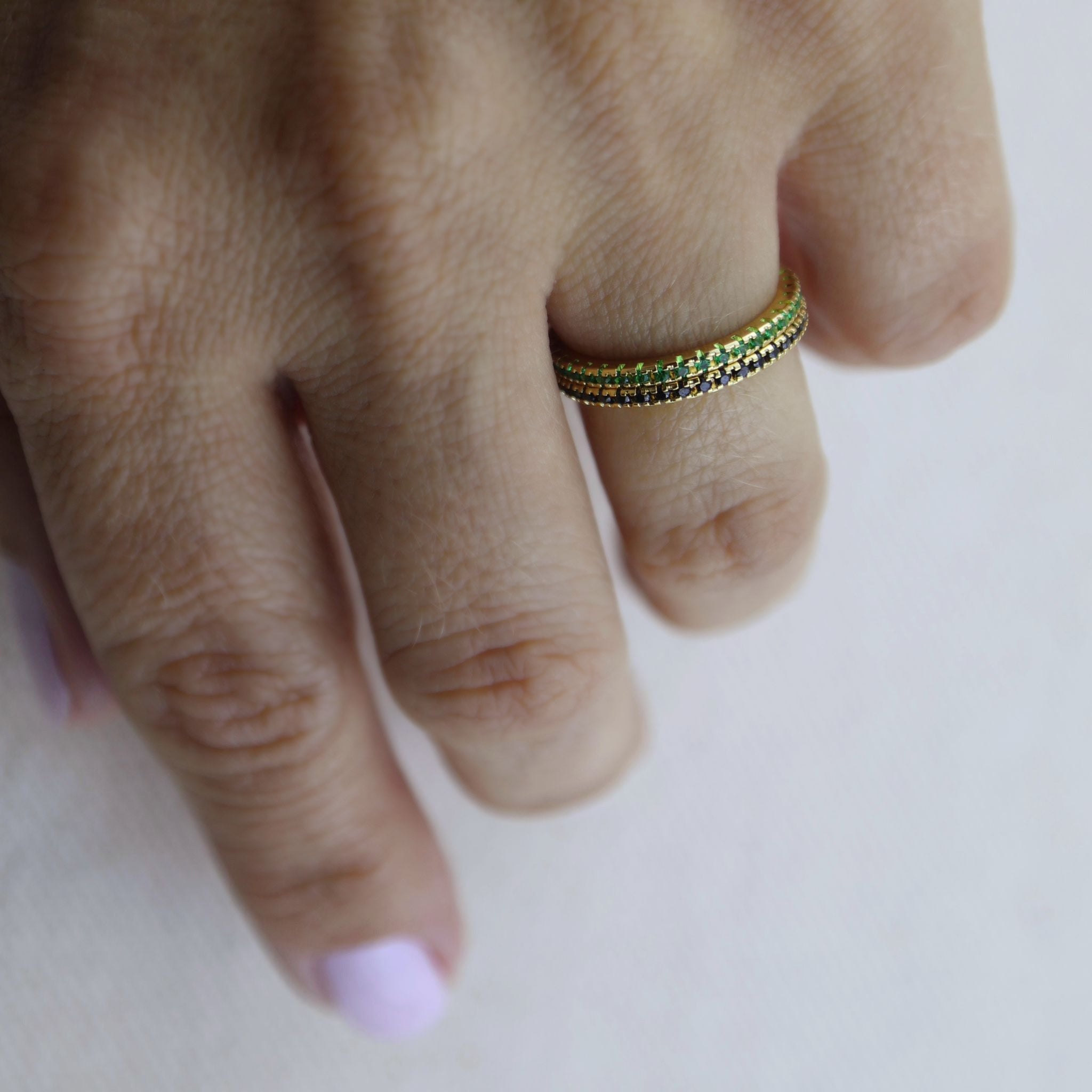 Gold Filled 18k Diamond Color Eternity Micro Cubic Zirconia Stone Ring - Emerald and Black Colors Available