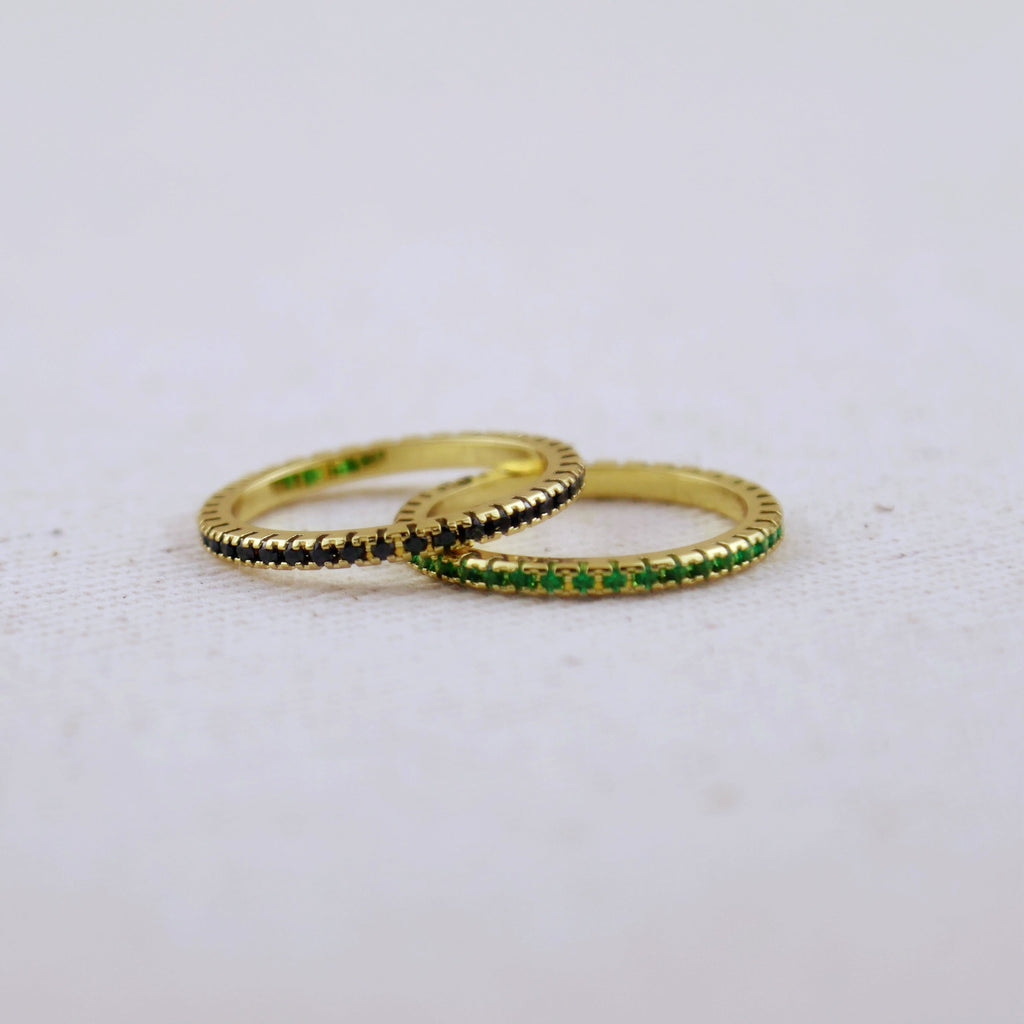 Gold Filled 18k Diamond Color Eternity Micro Cubic Zirconia Stone Ring - Emerald and Black Colors Available