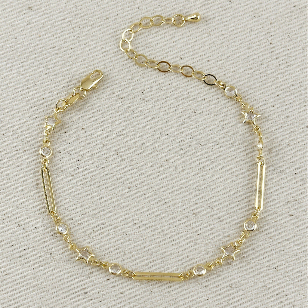 Gold Filled 18k Paperclip And Stars CZ Bracelet