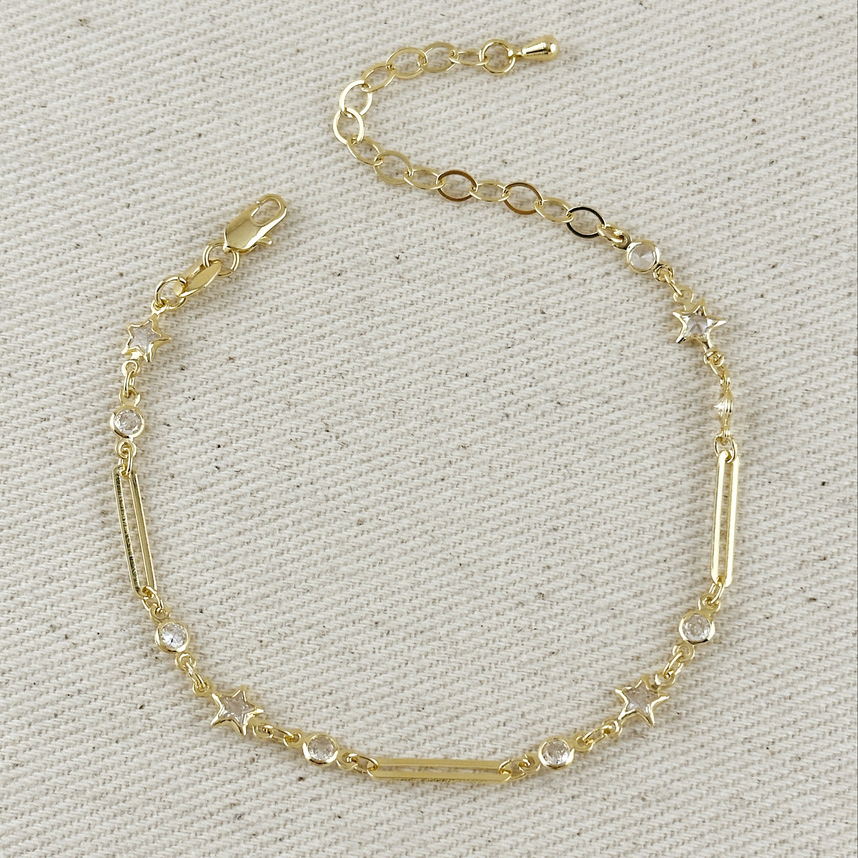 Gold Filled 18k Paperclip And Stars CZ Bracelet