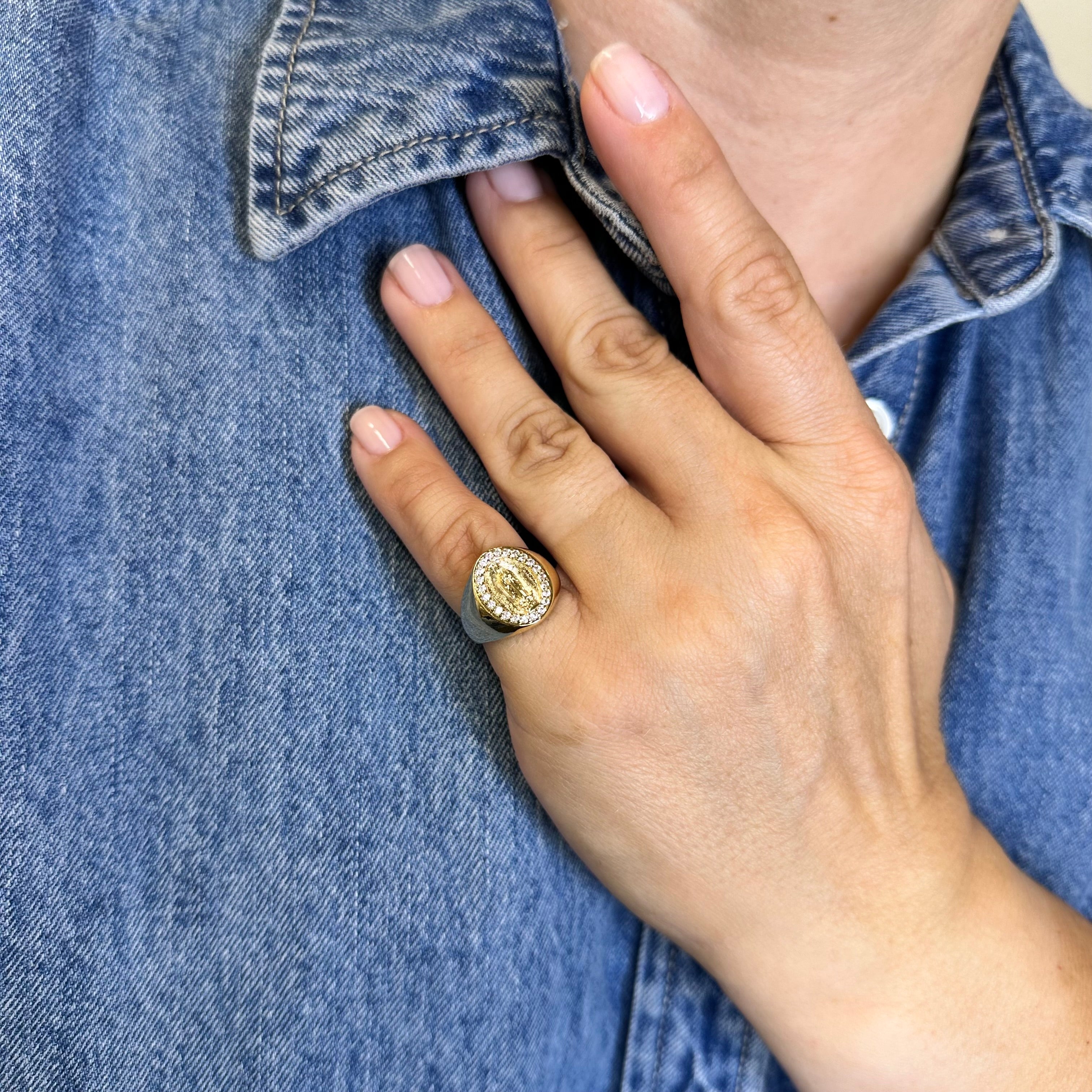 Gold Filled 18k Lady Guadalupe CZ Signet Ring