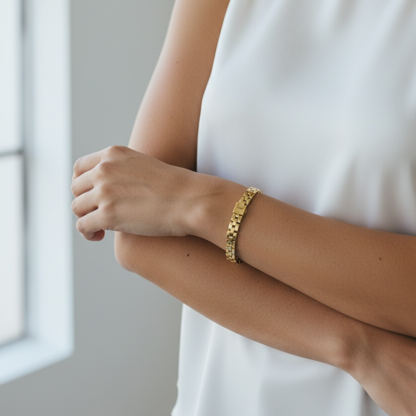 Woman wearing a gold bracelet on her wrist with a neutral background