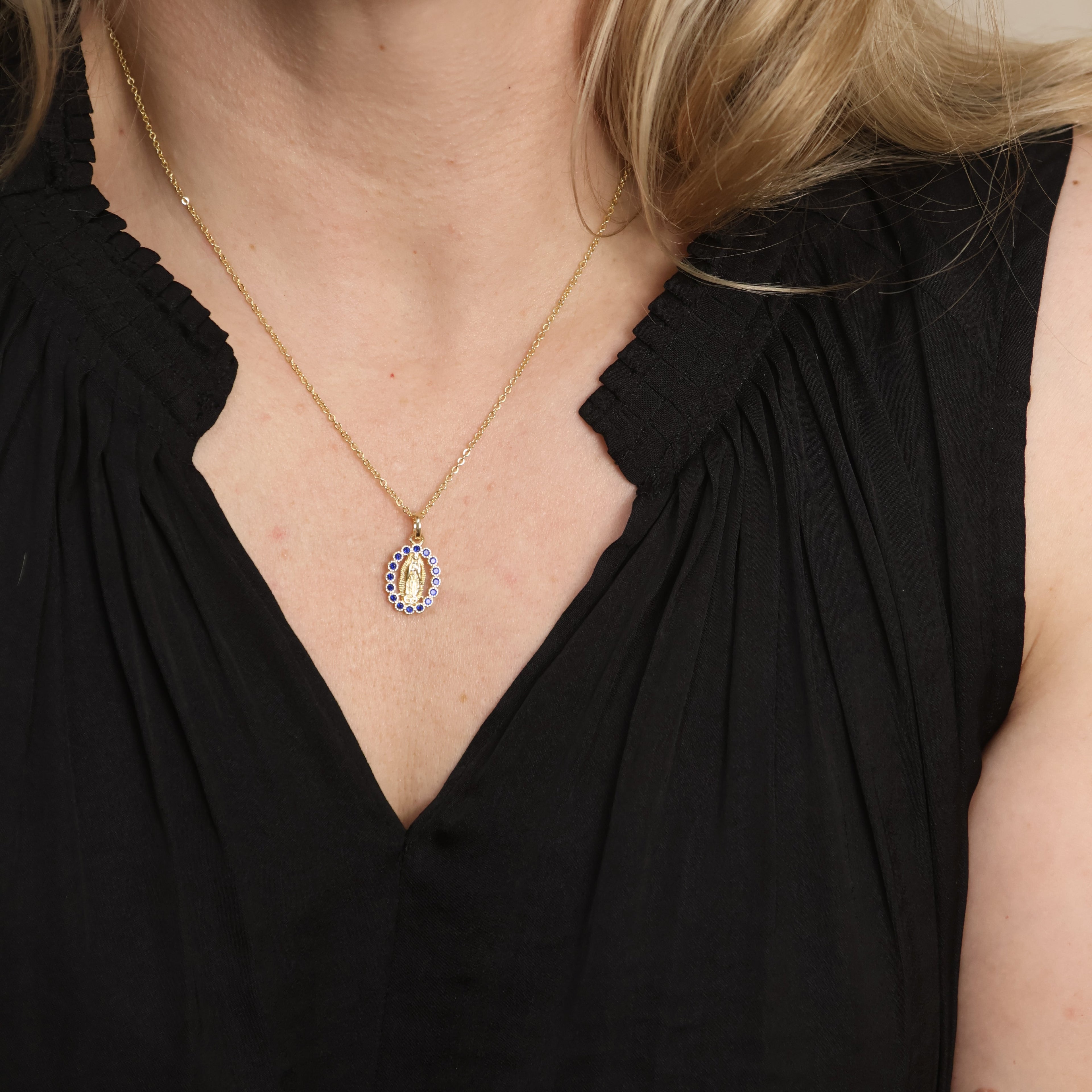 Gold Filled 18k Lady of Guadalupe Pendant with Sapphire CZ Stones