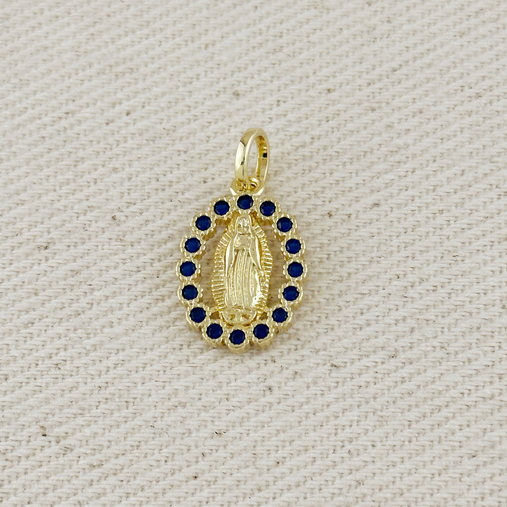 Gold Filled 18k Lady of Guadalupe Pendant with Sapphire CZ Stones