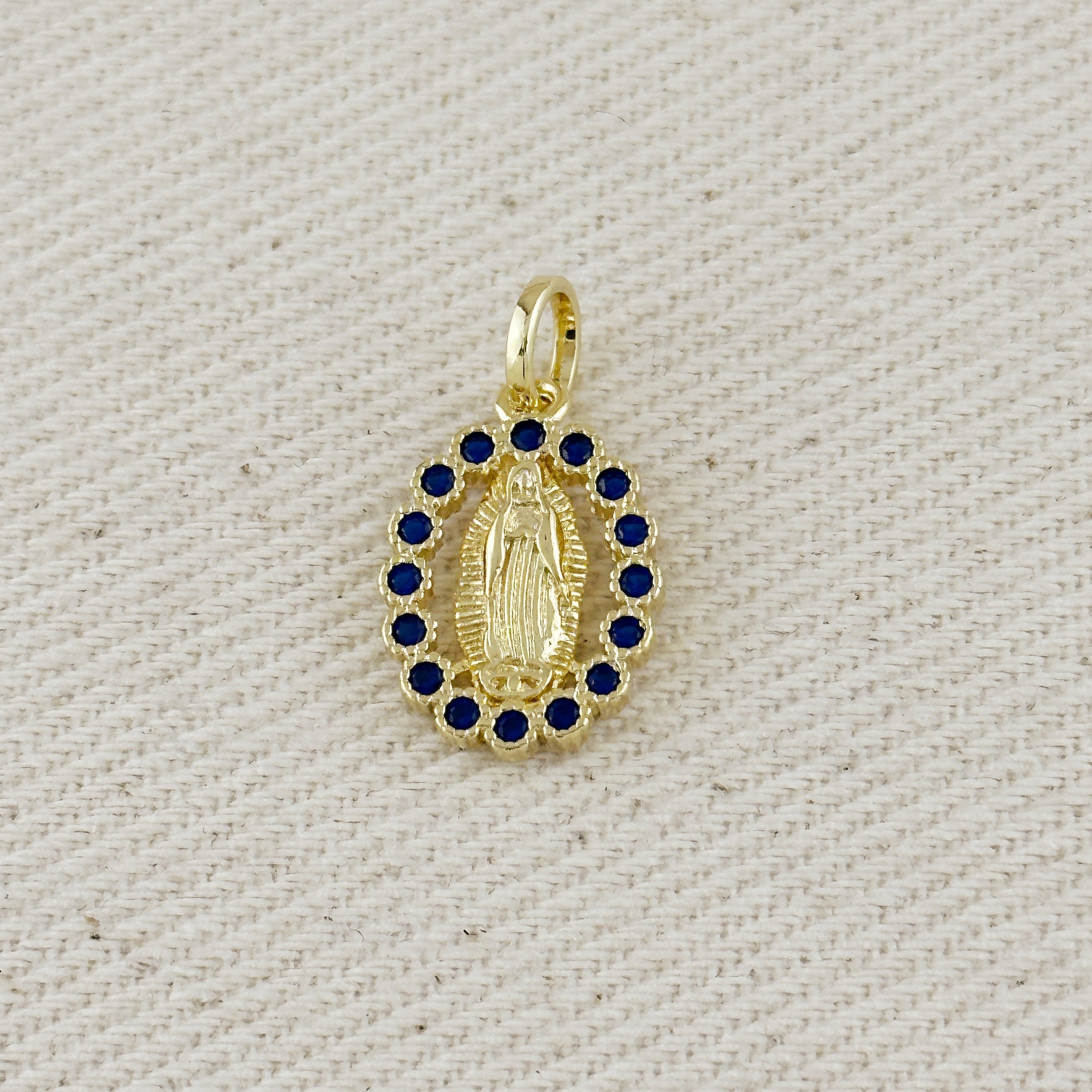 Gold Filled 18k Lady of Guadalupe Pendant with Sapphire CZ Stones