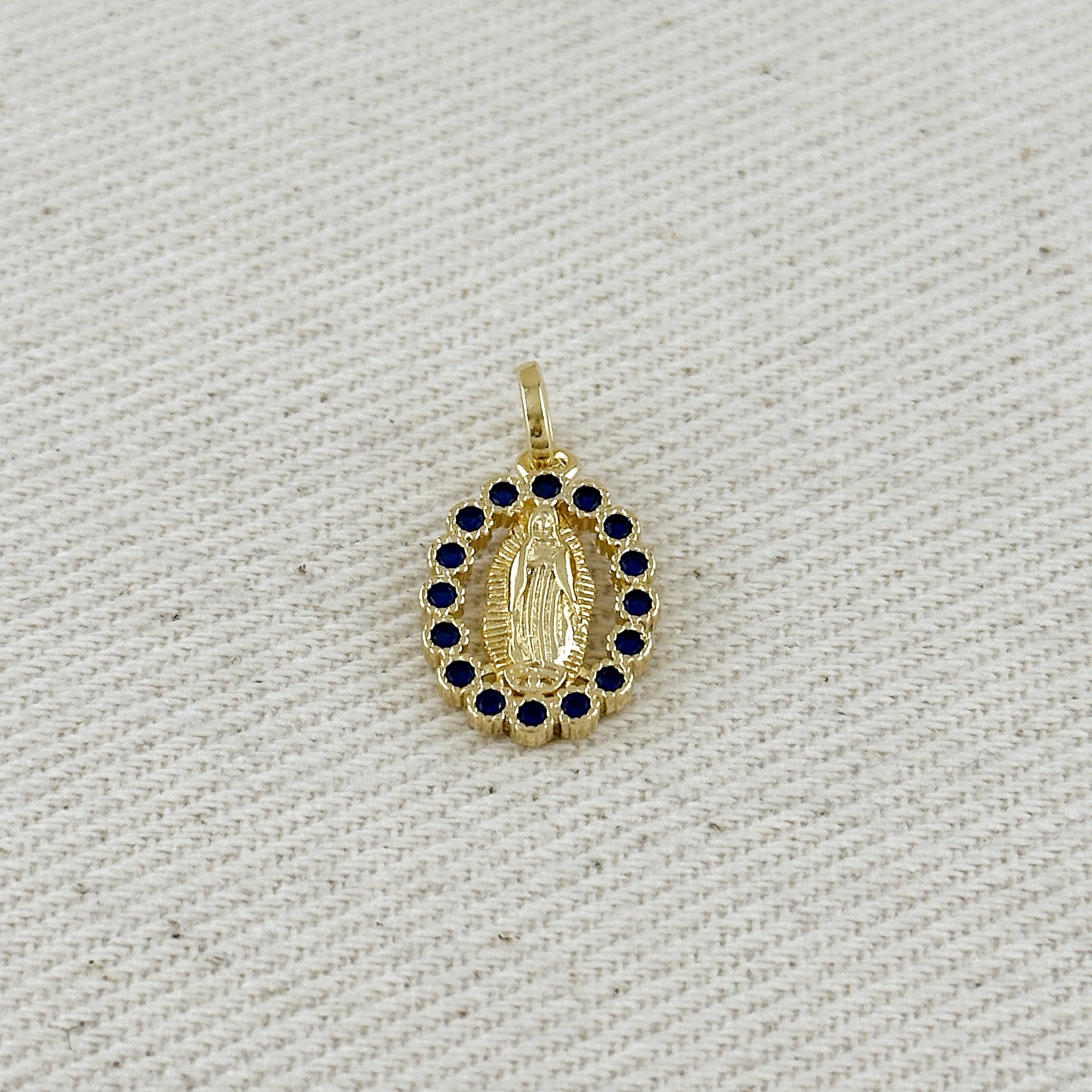 Gold Filled 18k Lady of Guadalupe Pendant with Sapphire CZ Stones