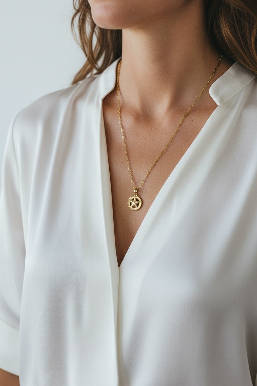 Person wearing a gold necklace with a star pendant on a white shirt.