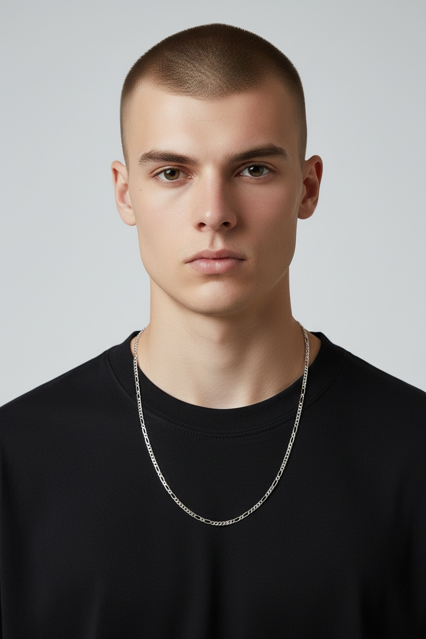Man wearing a black shirt and silver chain necklace against a plain background