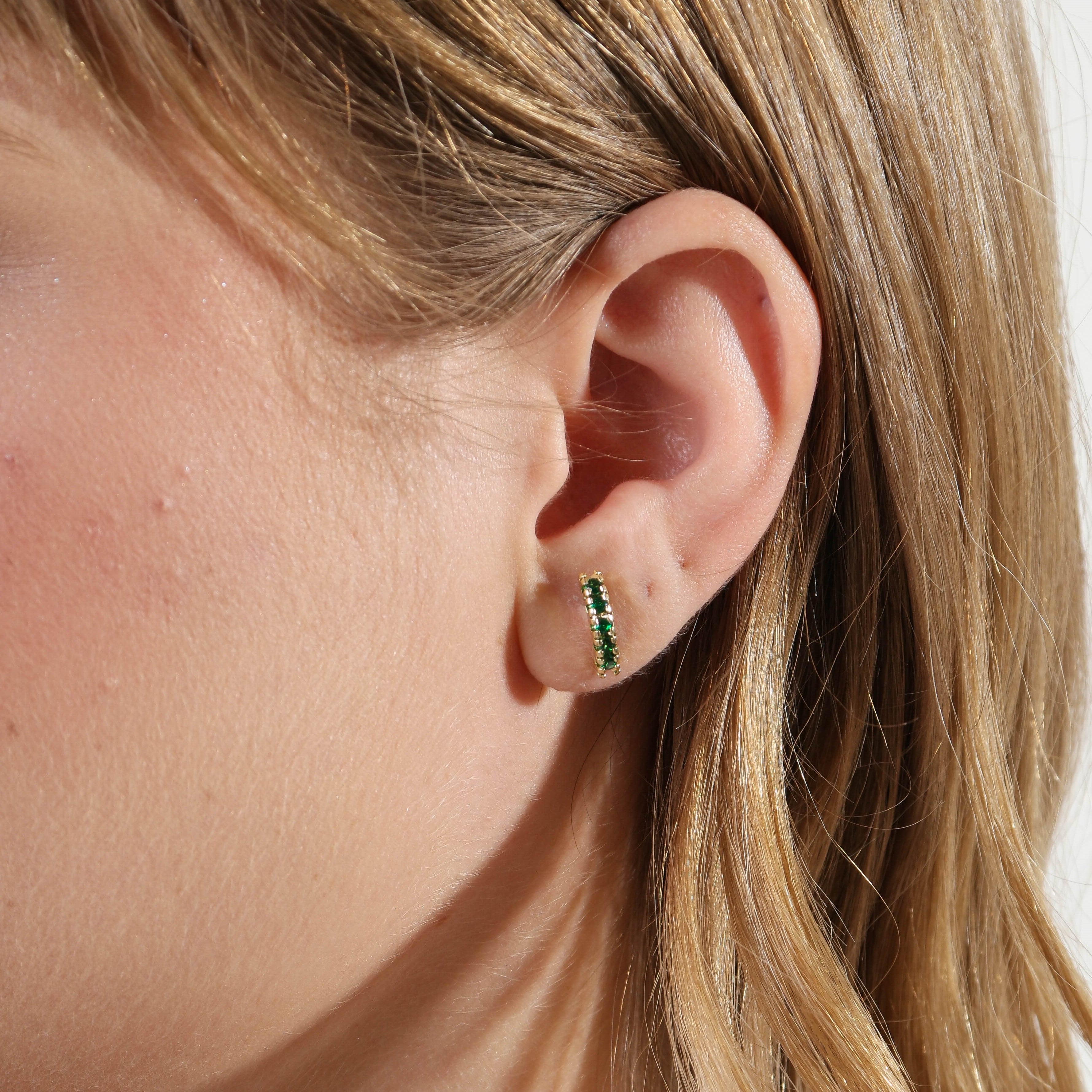 Gold Filled 18k Curved Bar Emerald Green Crystal Stud Earrings