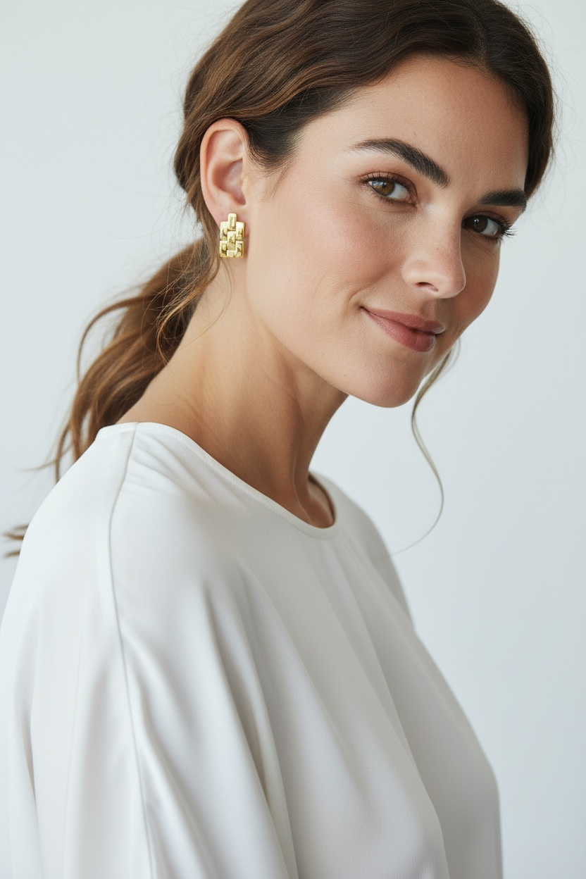 Woman wearing gold earrings with a plain background