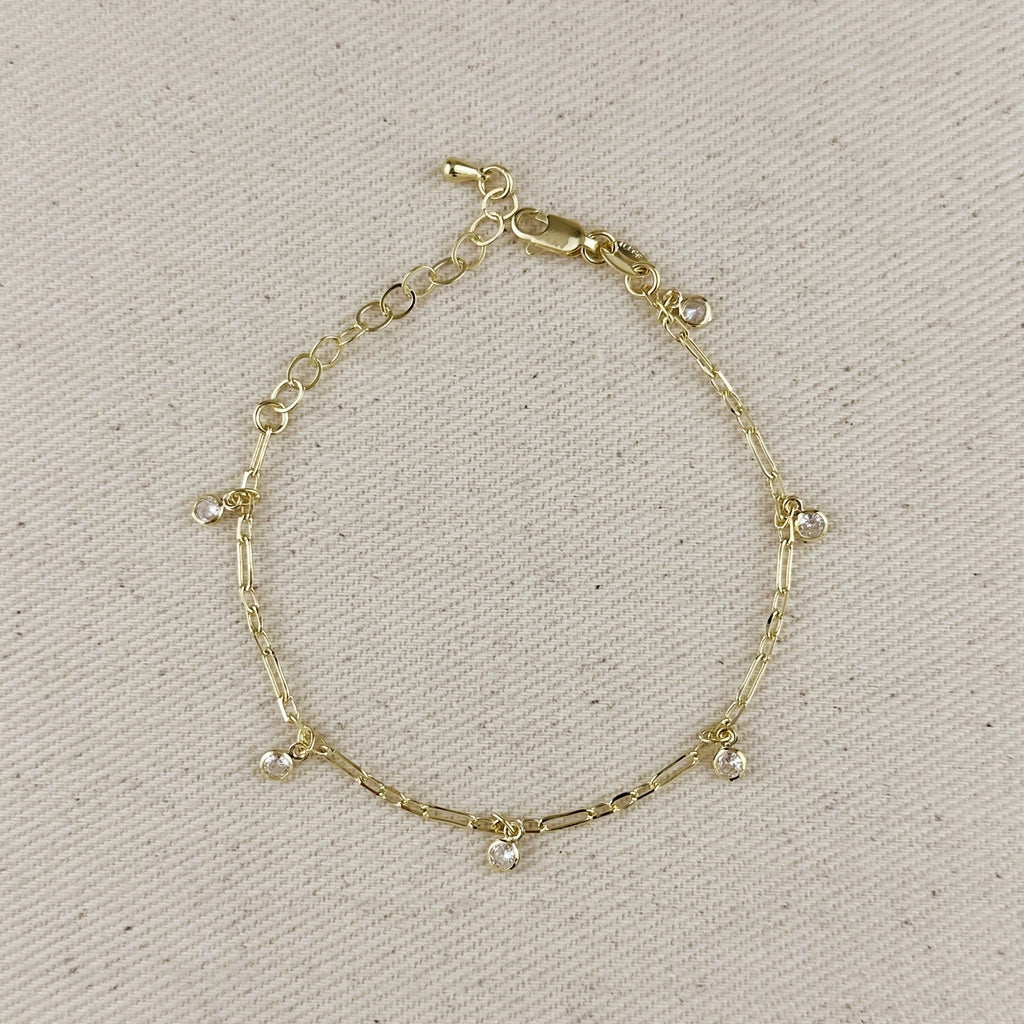 Gold Filled 18k Paperclip Chain With Bezel CZ Drops Bracelet