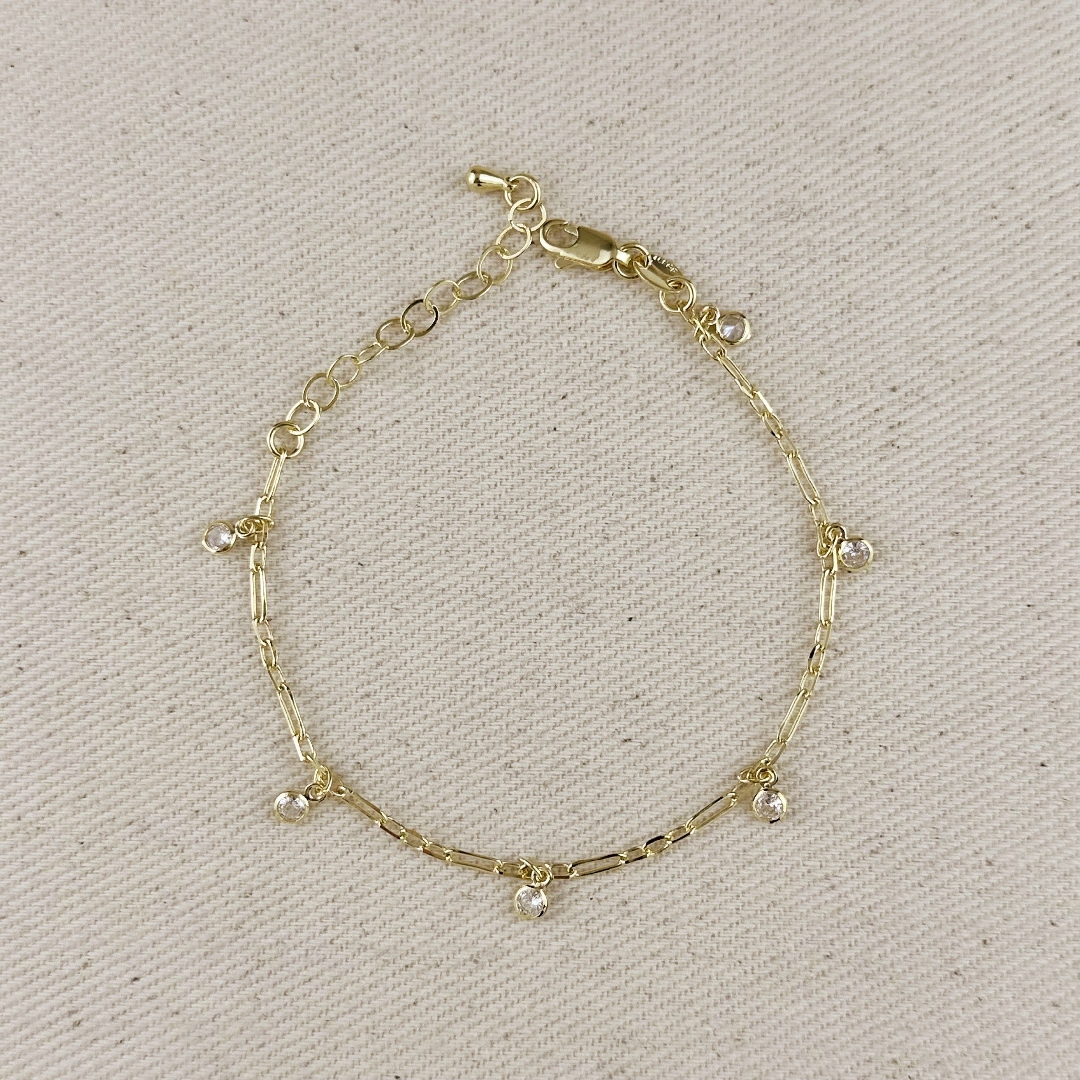 Gold Filled 18k Paperclip Chain With Bezel CZ Drops Bracelet
