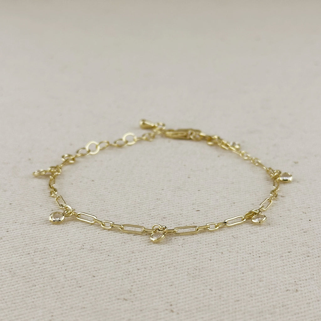 Gold Filled 18k Paperclip Chain With Bezel CZ Drops Bracelet