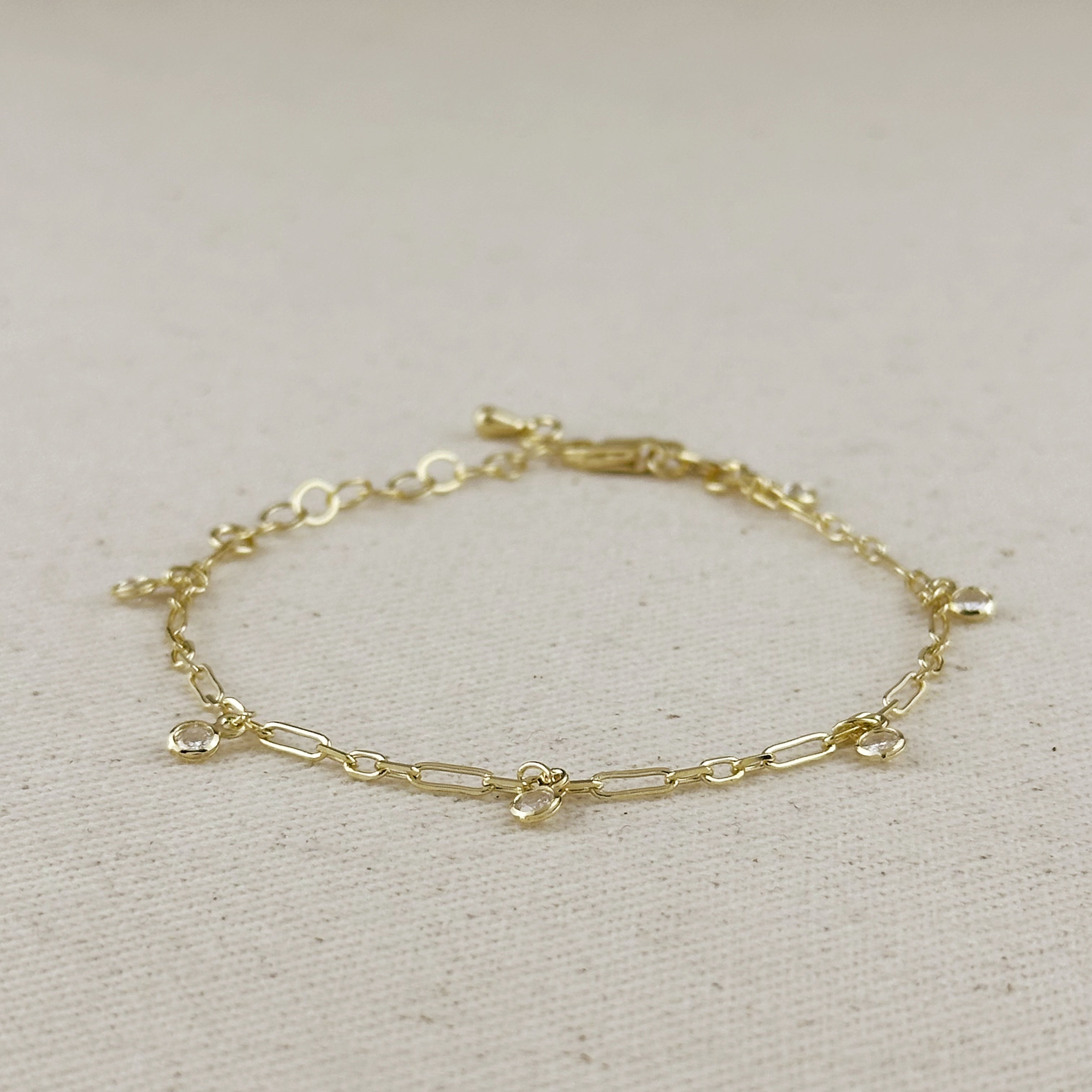 Gold Filled 18k Paperclip Chain With Bezel CZ Drops Bracelet