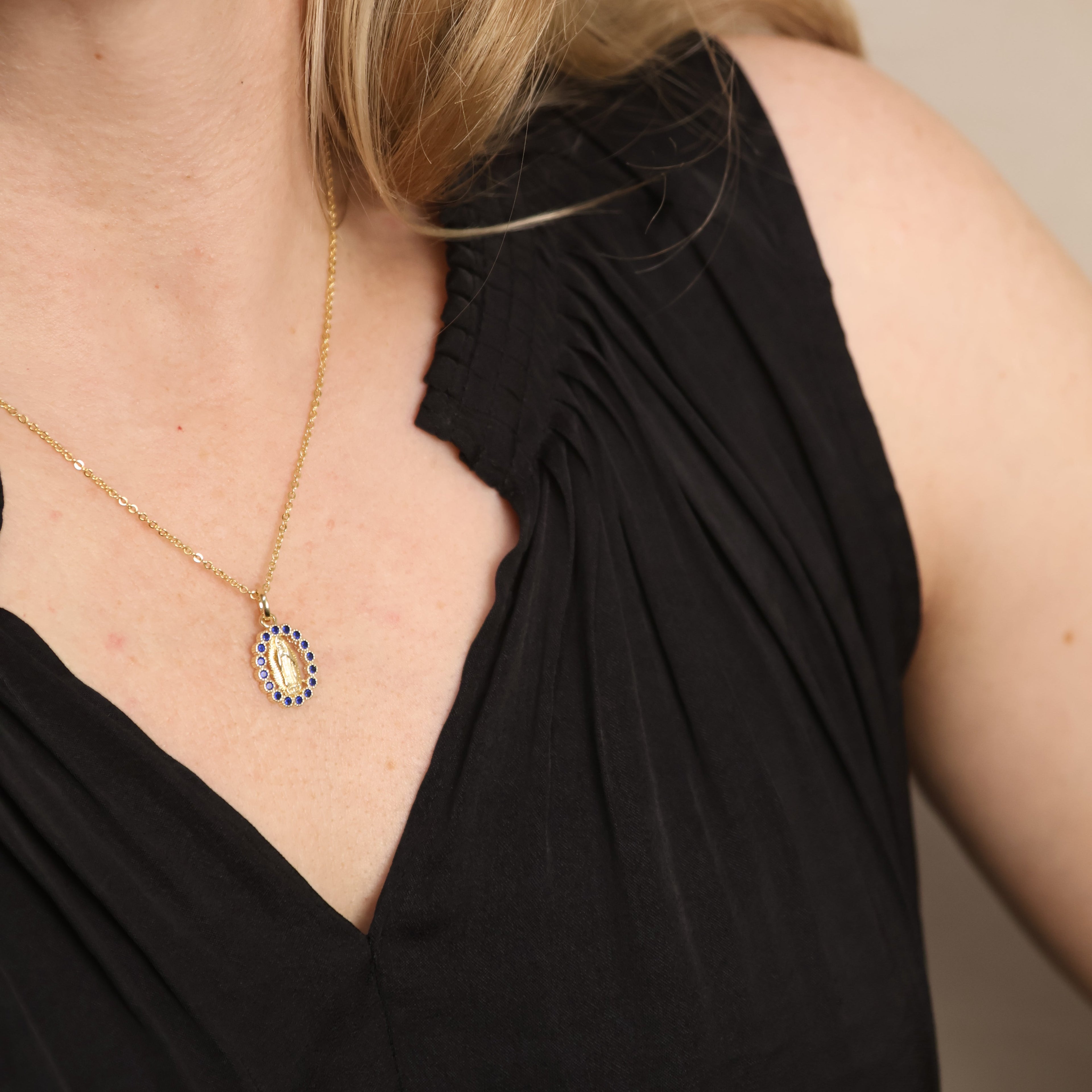 Gold Filled 18k Lady of Guadalupe Pendant with Sapphire CZ Stones