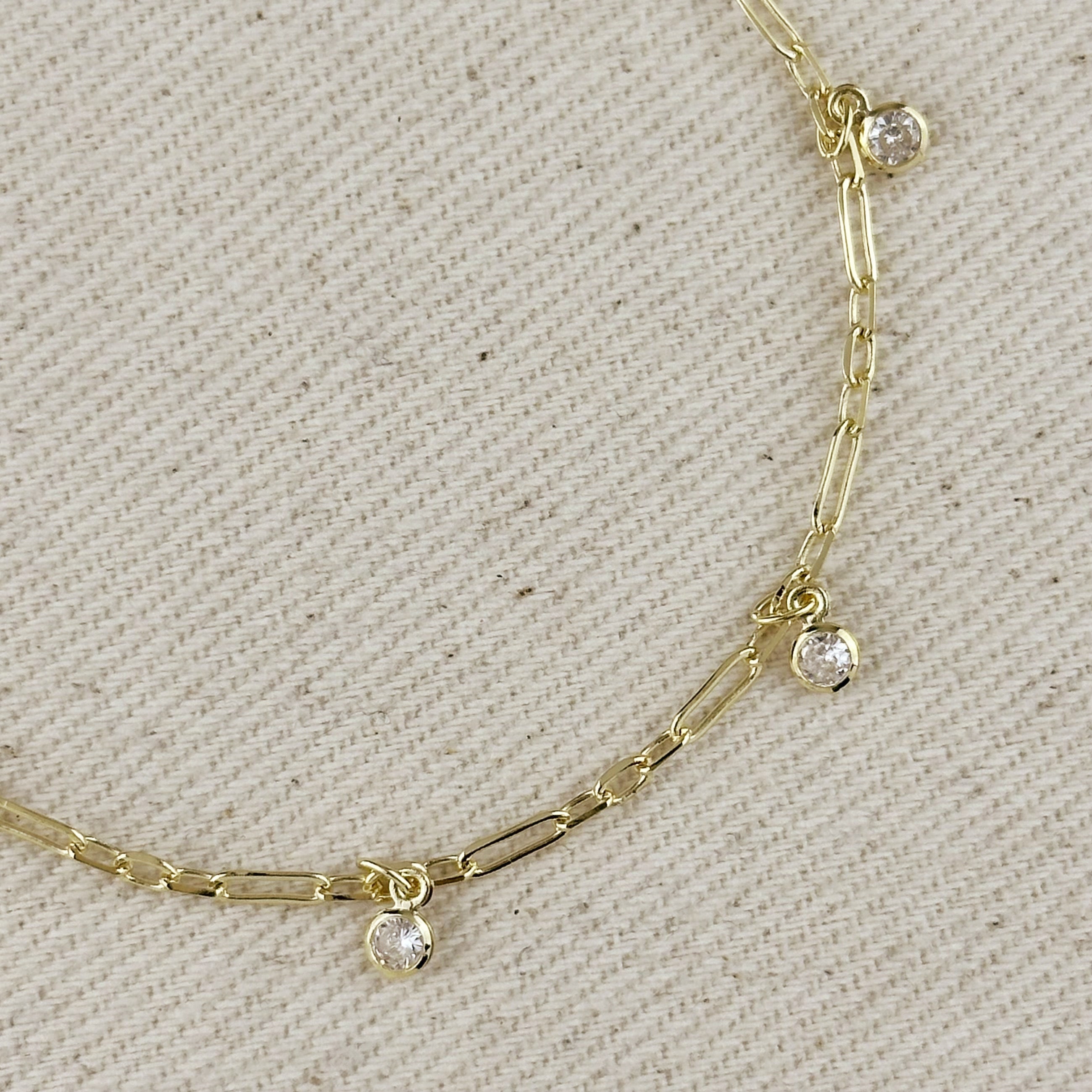 Gold Filled 18k Paperclip Chain With Bezel CZ Drops Bracelet