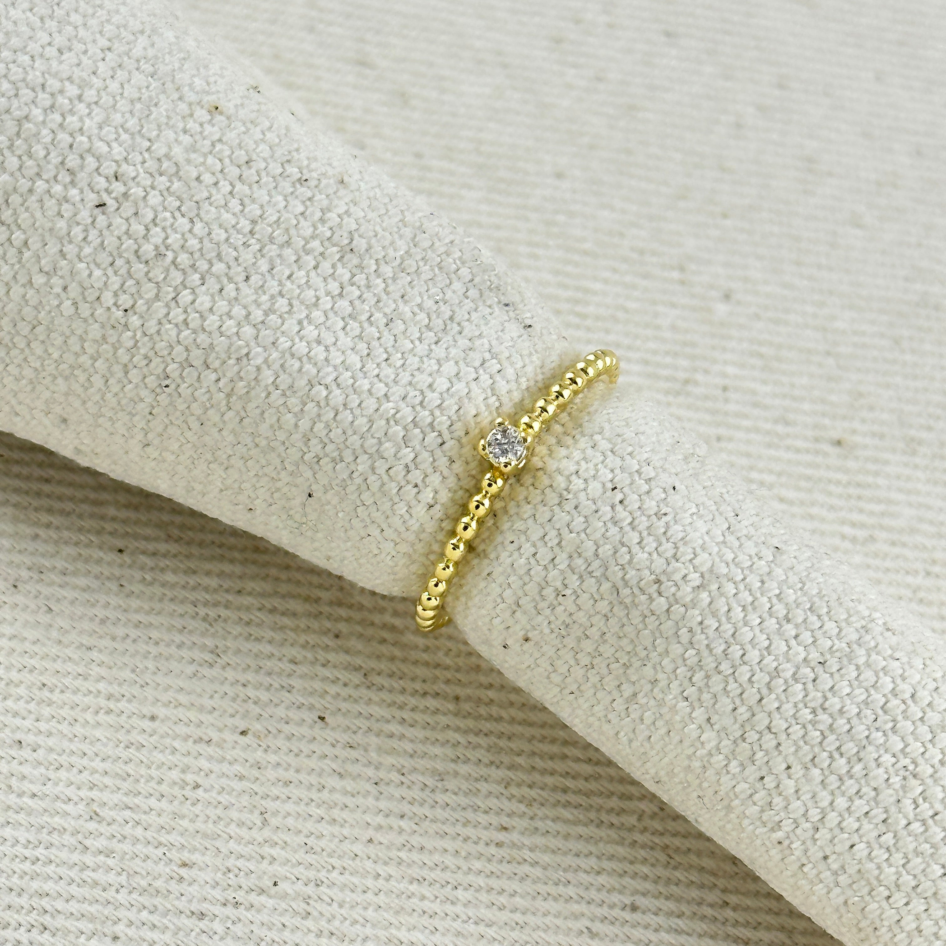 Beaded Ring with Single CZ Stone 18K Gold filled