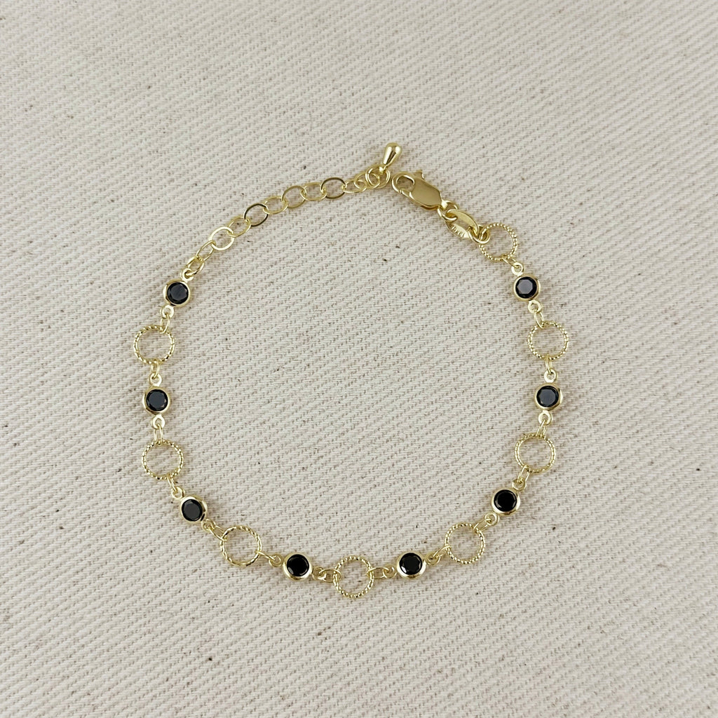 Gold Filled 18k Black Bezel CZ & Circles Bracelet