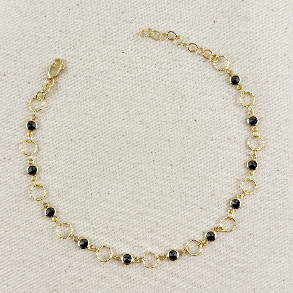 Anklet 18k Gold Filled Black Bezel CZ & Circles
