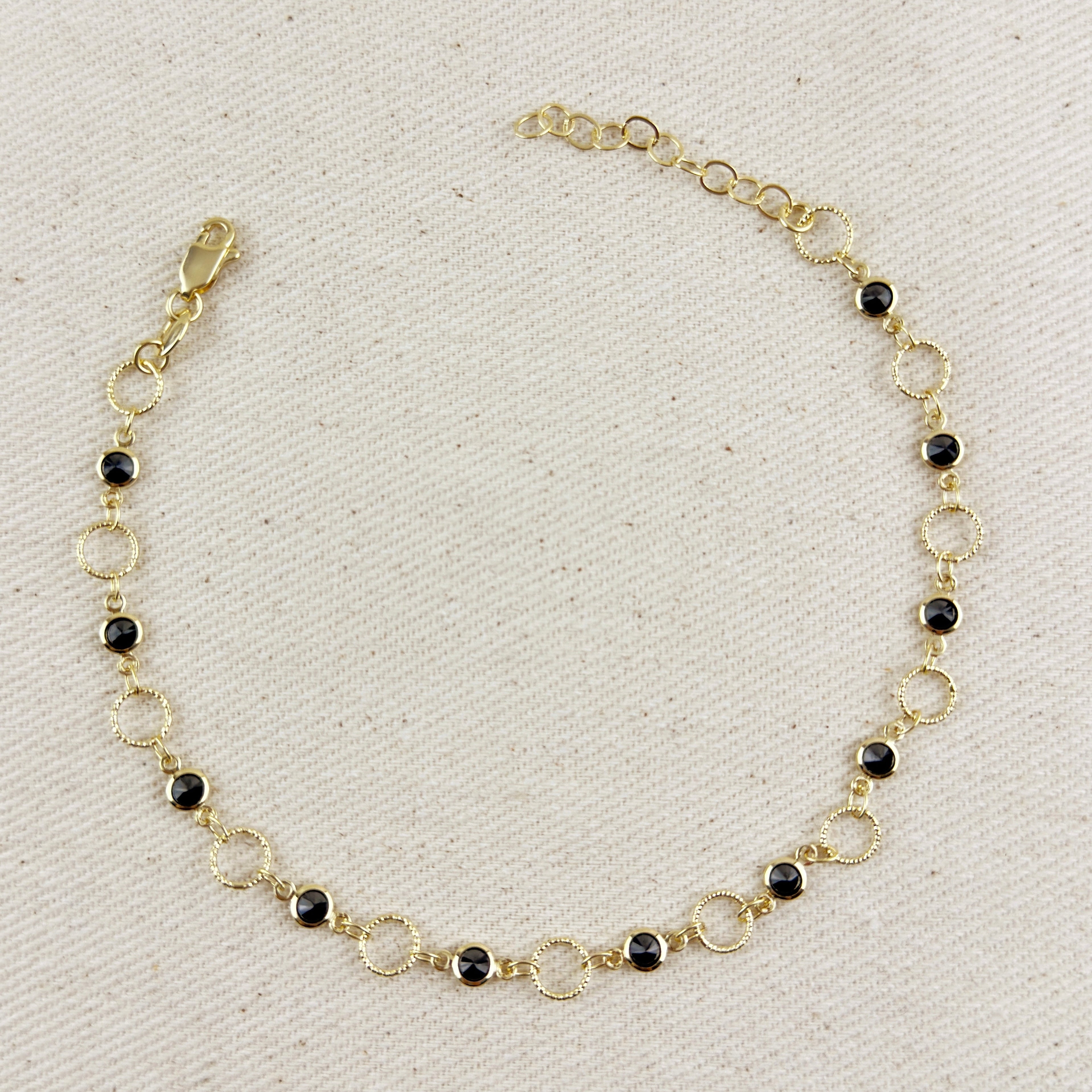 Anklet 18k Gold Filled Black Bezel CZ & Circles