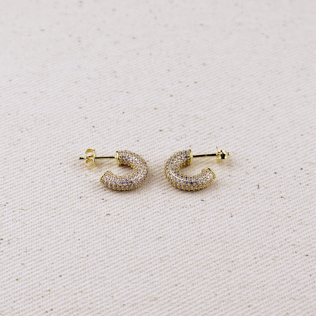 C-Shaped Iced Out Earrings with Micro CZ Stones – Luxury Statement Hoops.