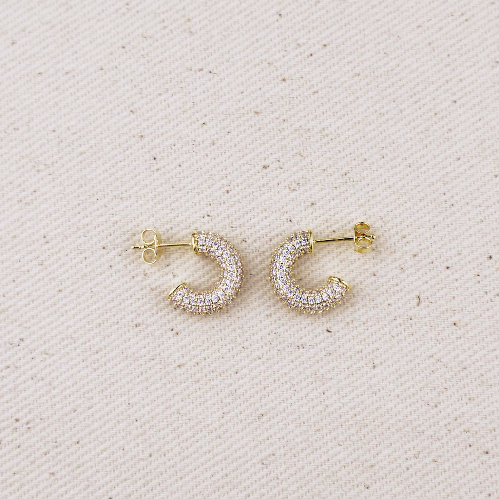 C-Shaped Iced Out Earrings with Micro CZ Stones – Luxury Statement Hoops.