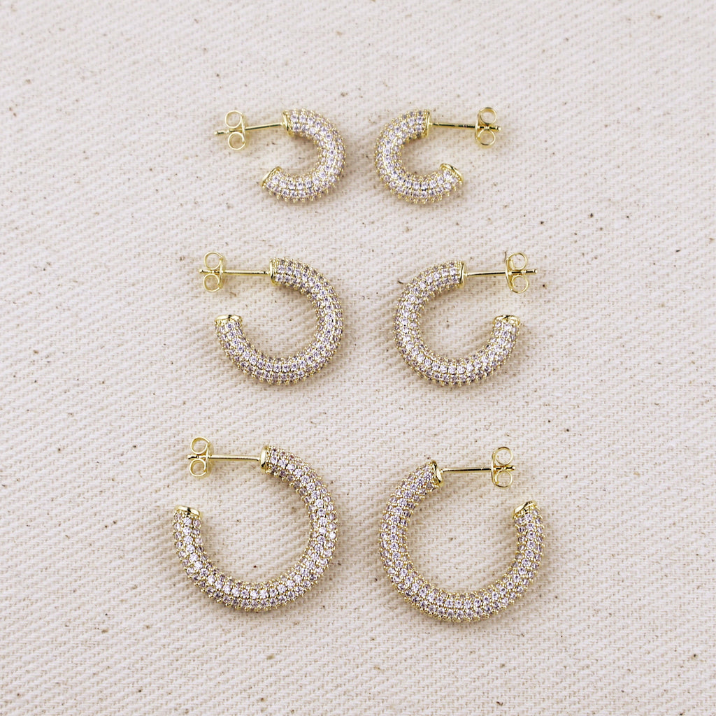 C-Shaped Iced Out Earrings with Micro CZ Stones – Luxury Statement Hoops.