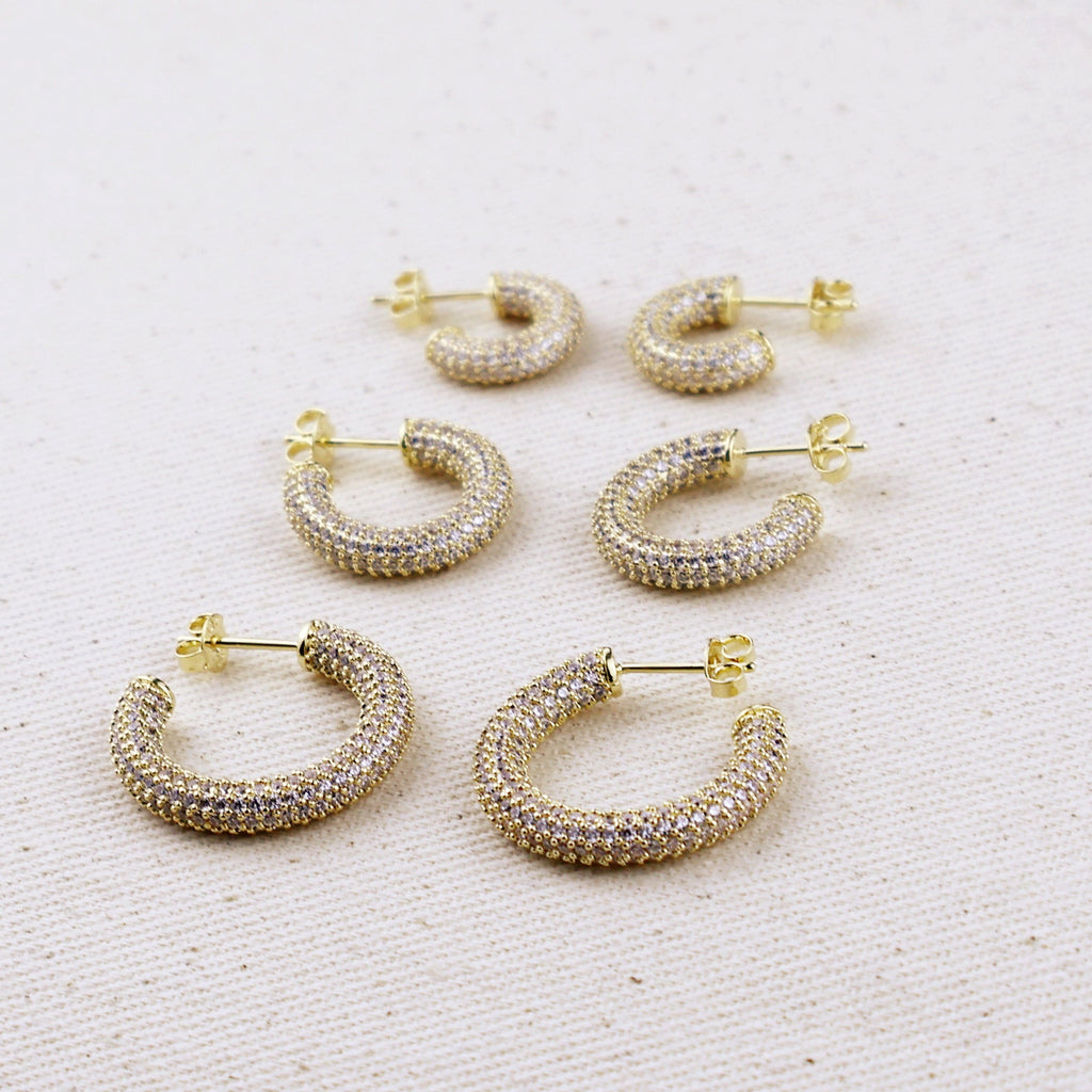 C-Shaped Iced Out Earrings with Micro CZ Stones – Luxury Statement Hoops.