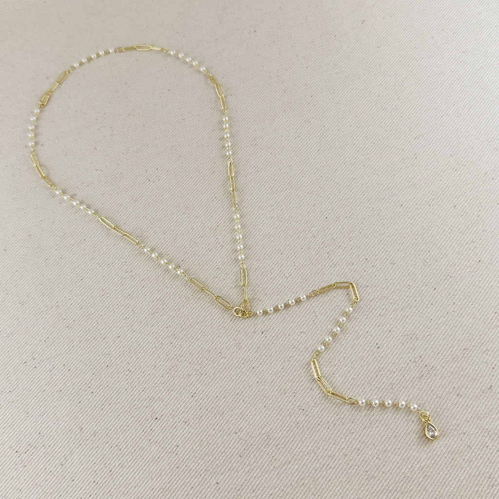 18k Gold Filled Paperclip & Pearls Diamond Cut Lariat Necklace