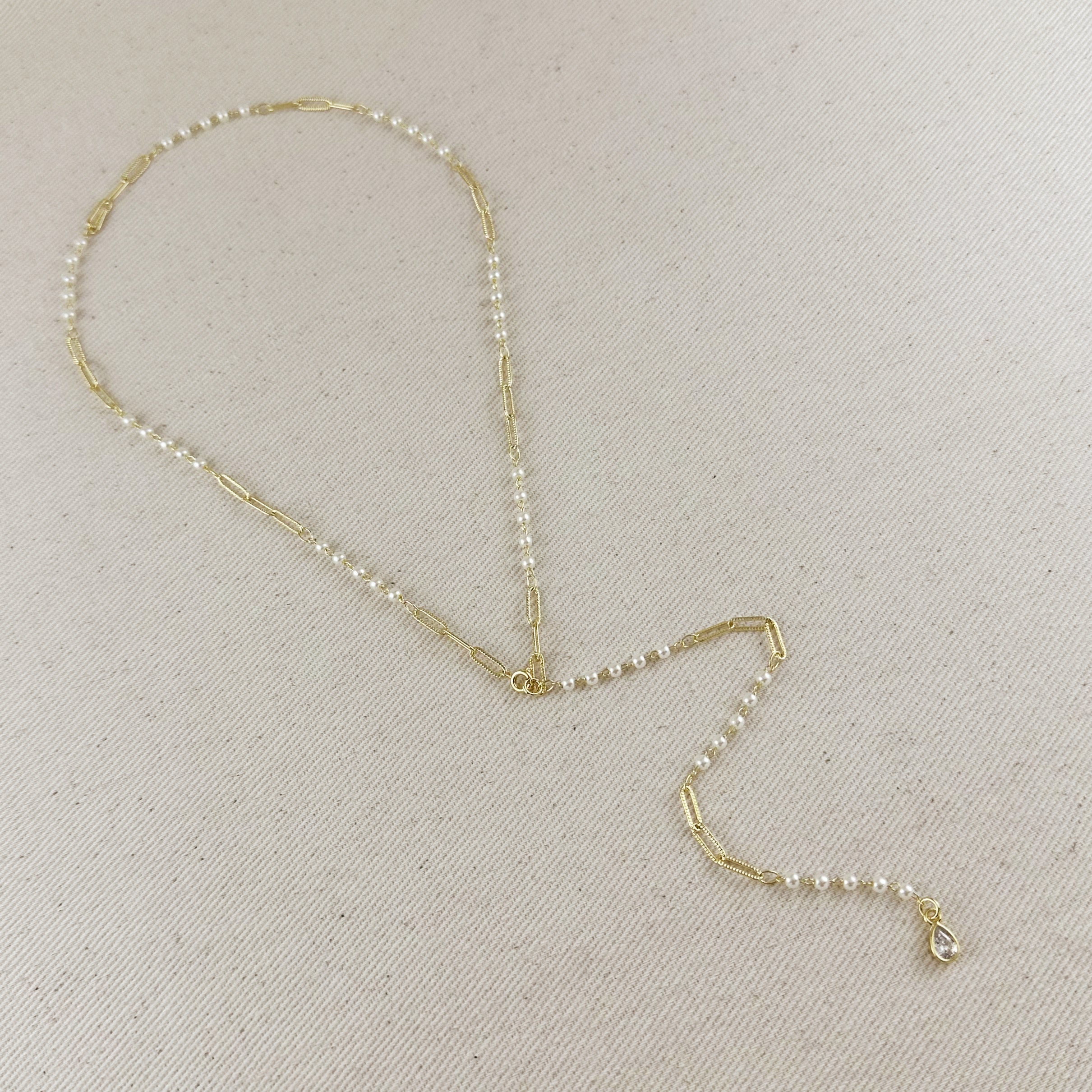 18k Gold Filled Paperclip & Pearls Diamond Cut Lariat Necklace