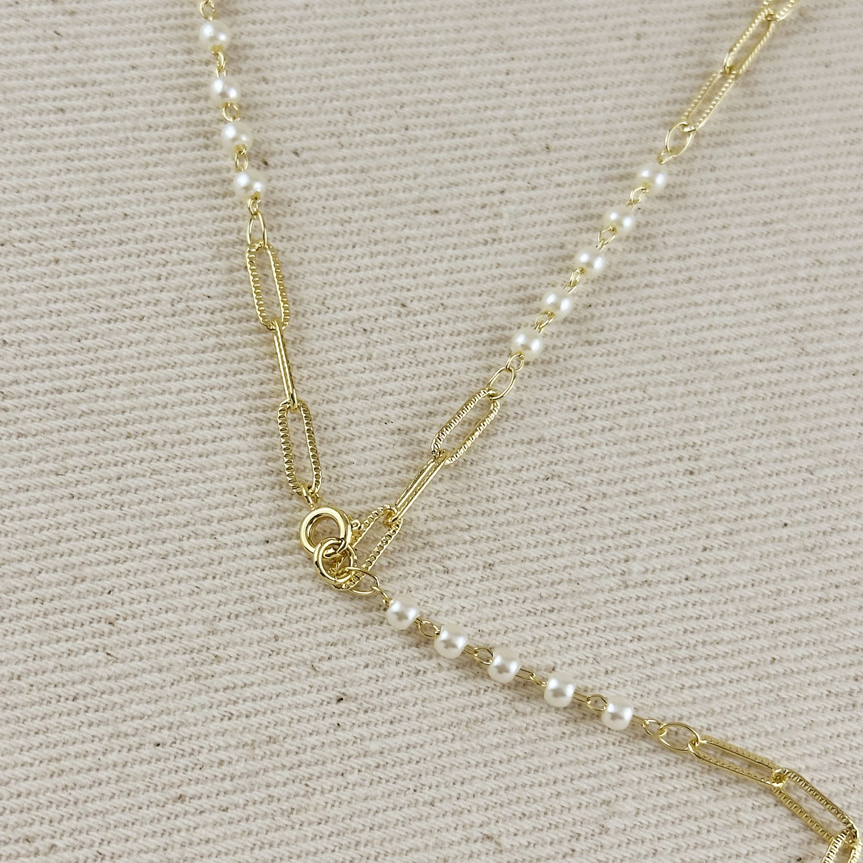 18k Gold Filled Paperclip & Pearls Diamond Cut Lariat Necklace
