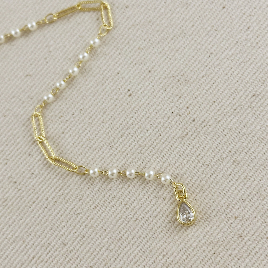 18k Gold Filled Paperclip & Pearls Diamond Cut Lariat Necklace