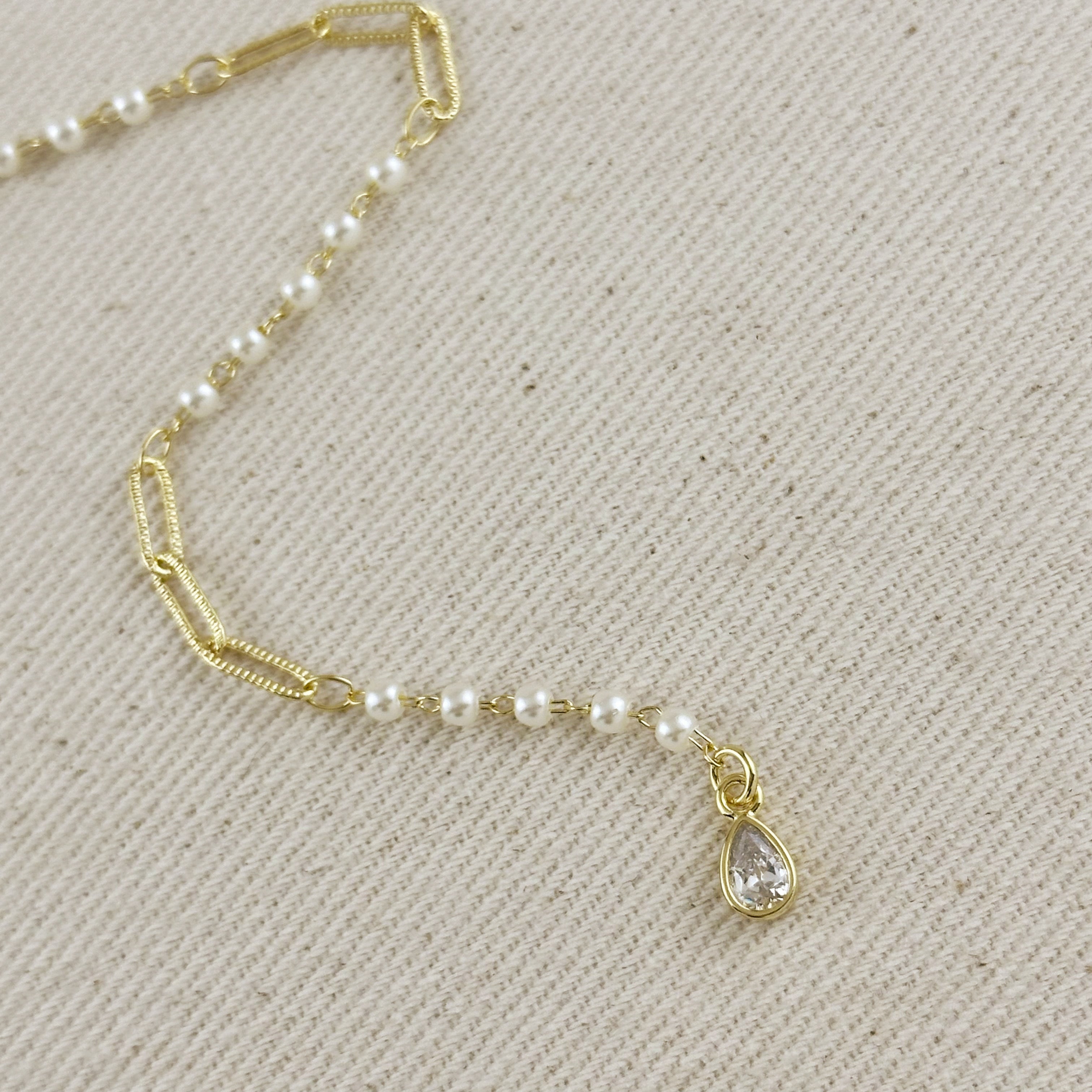 18k Gold Filled Paperclip & Pearls Diamond Cut Lariat Necklace
