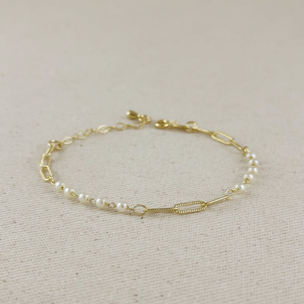 Bracelet 18k Gold Filled Diamond Cut Paperclip & Pearls