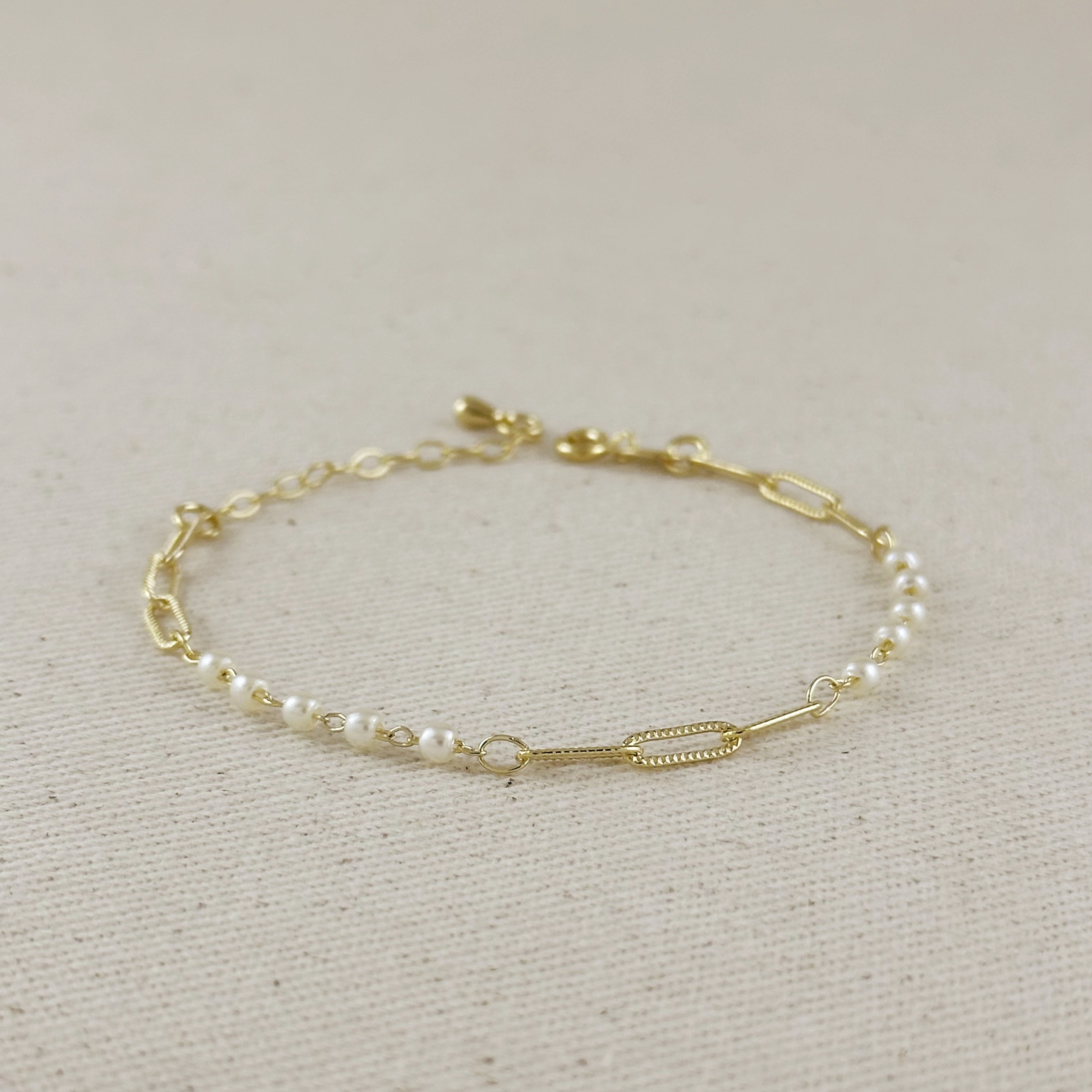 Bracelet 18k Gold Filled Diamond Cut Paperclip & Pearls