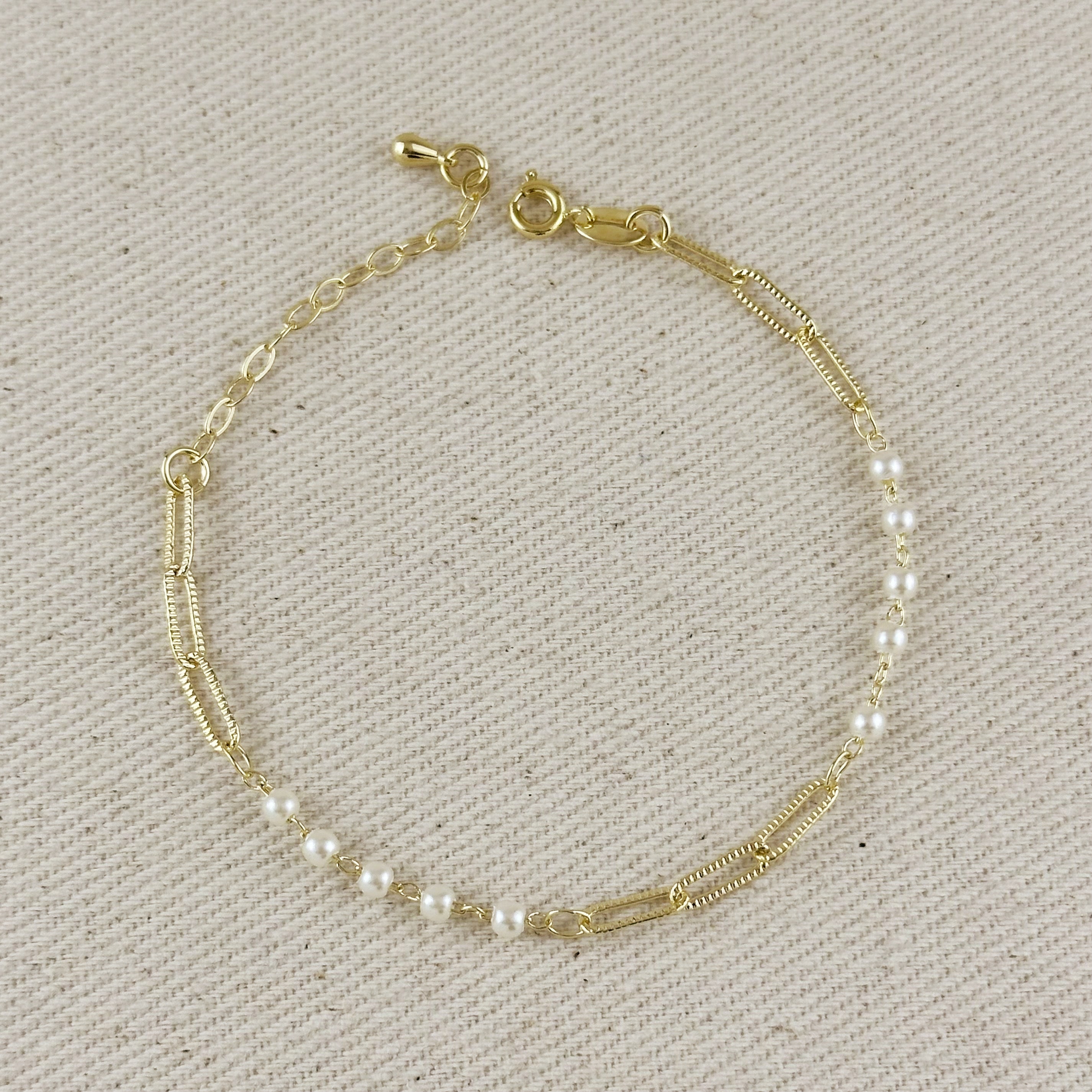 Bracelet 18k Gold Filled Diamond Cut Paperclip & Pearls