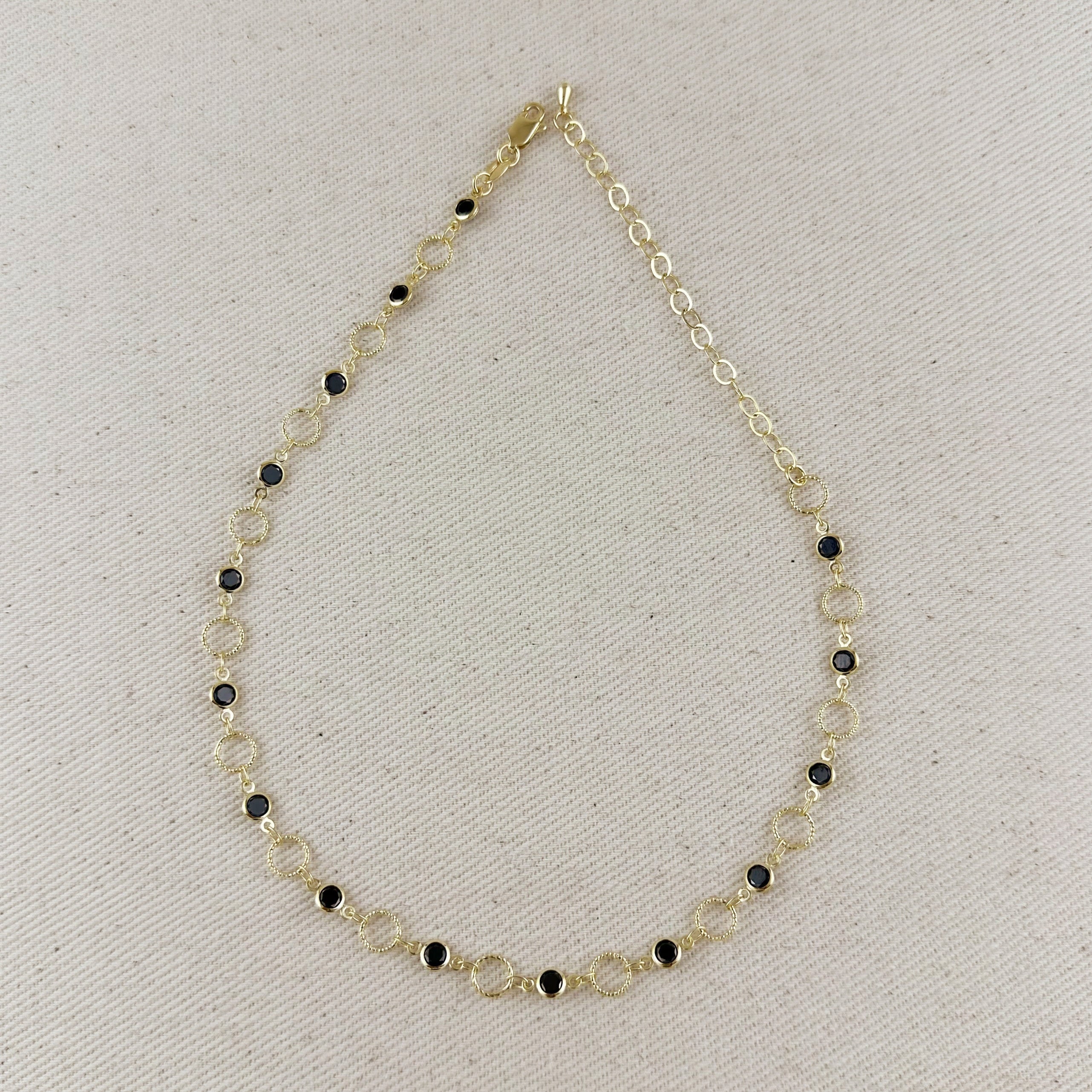 Black Bezel CZ & Circles Choker Necklace 18k Gold Filled