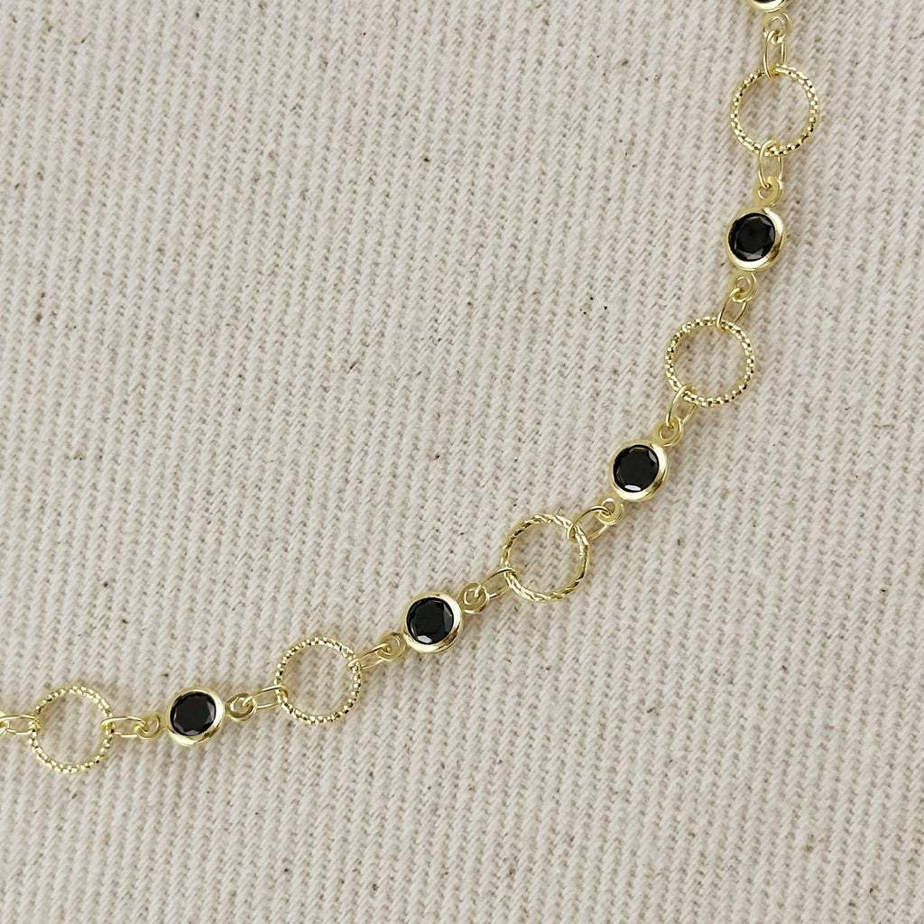 Black Bezel CZ & Circles Choker Necklace 18k Gold Filled